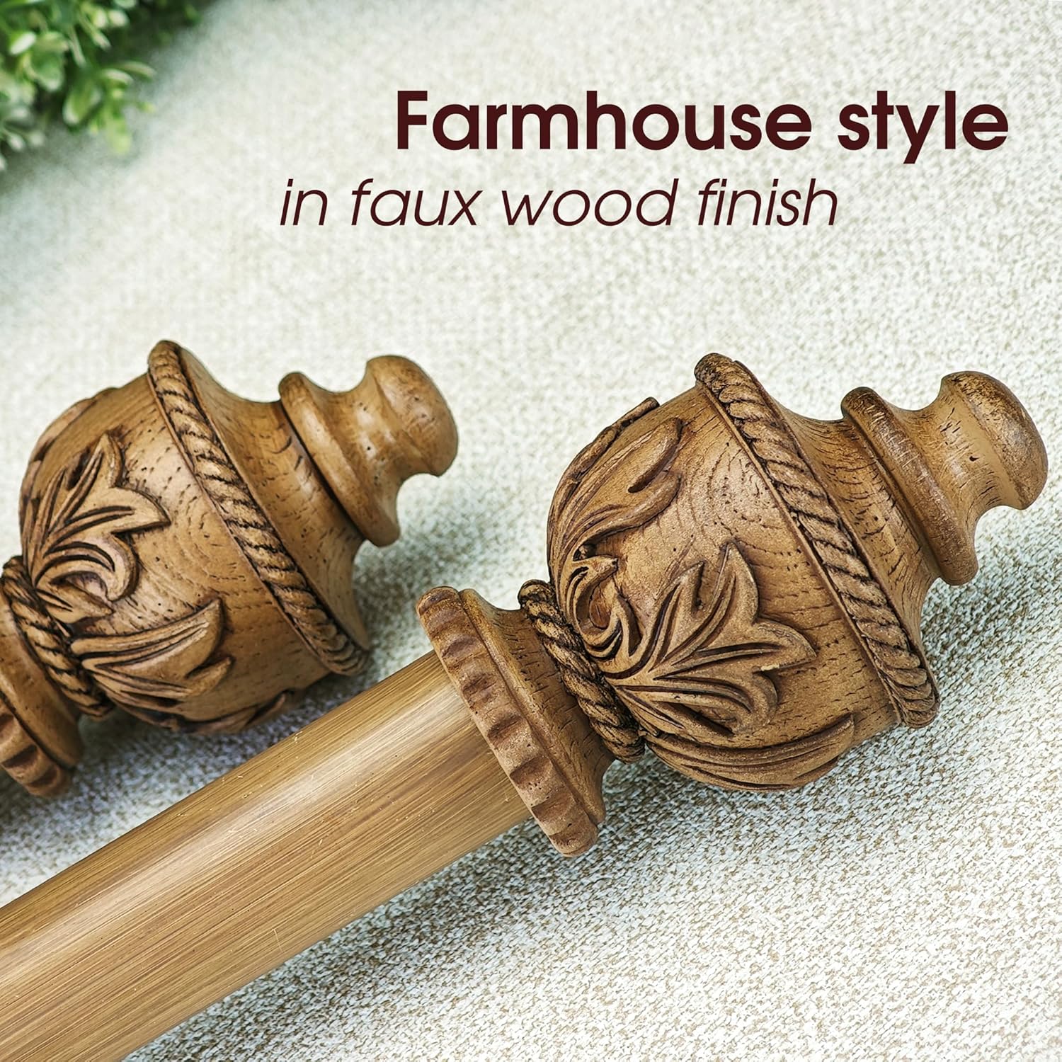 1-1/8 Inch Diameter Curtain Rods with Carved wood design Finial, 72-144 inch Telescoping Faux Wood Single Curtain Rods for window width 68-140 inch, 1 pack