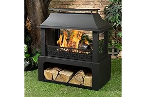 Rectangular Steel Outdoor Wood Burning Fireplace with Grill and Log Storage