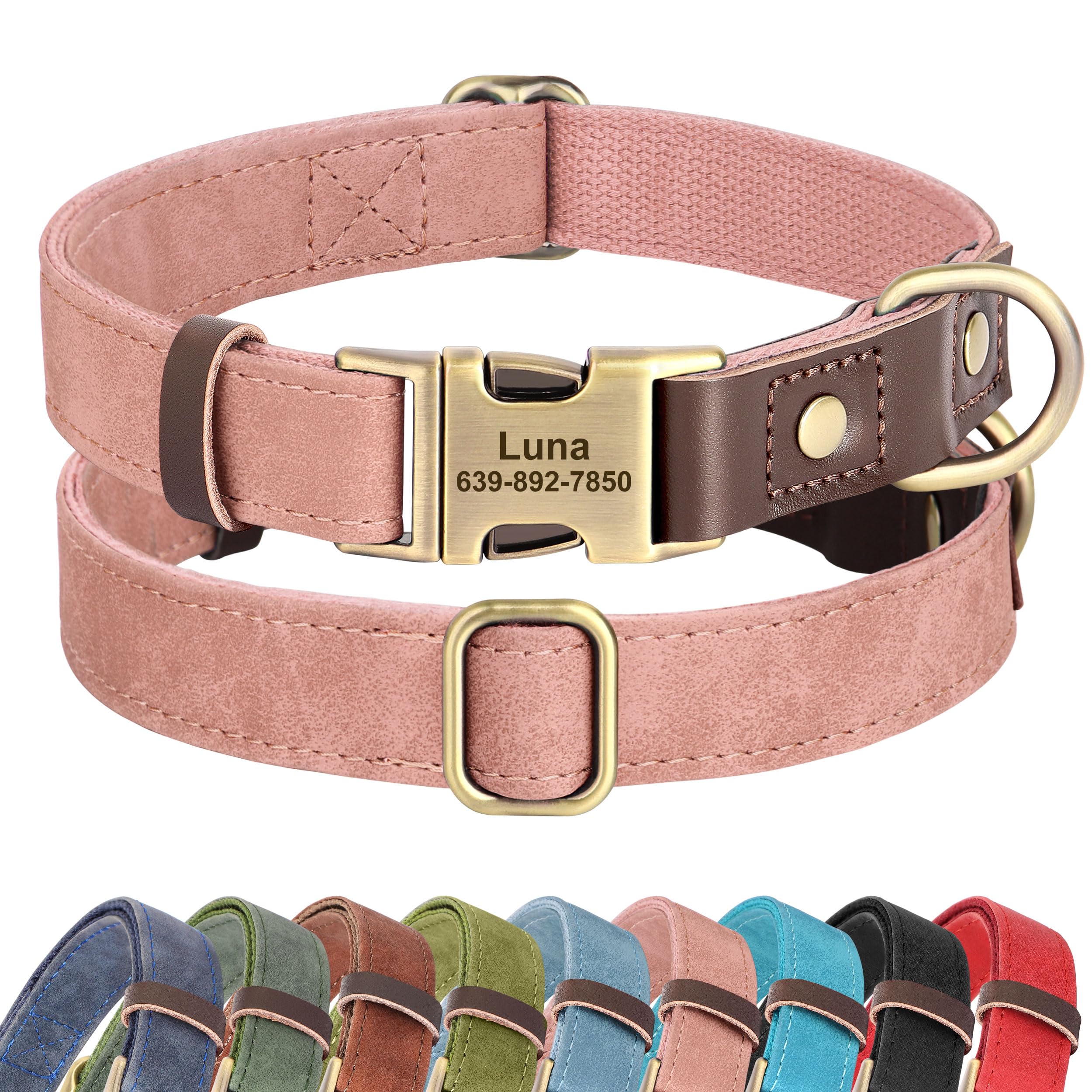 Didog Personalised PU Leather Dog Collar, Soft Durable Custom Dog Collars, Adjustable Dog Collar with Name Plate and Quick Released Metal Buckle for Small Medium Large Dogs, Pink, L