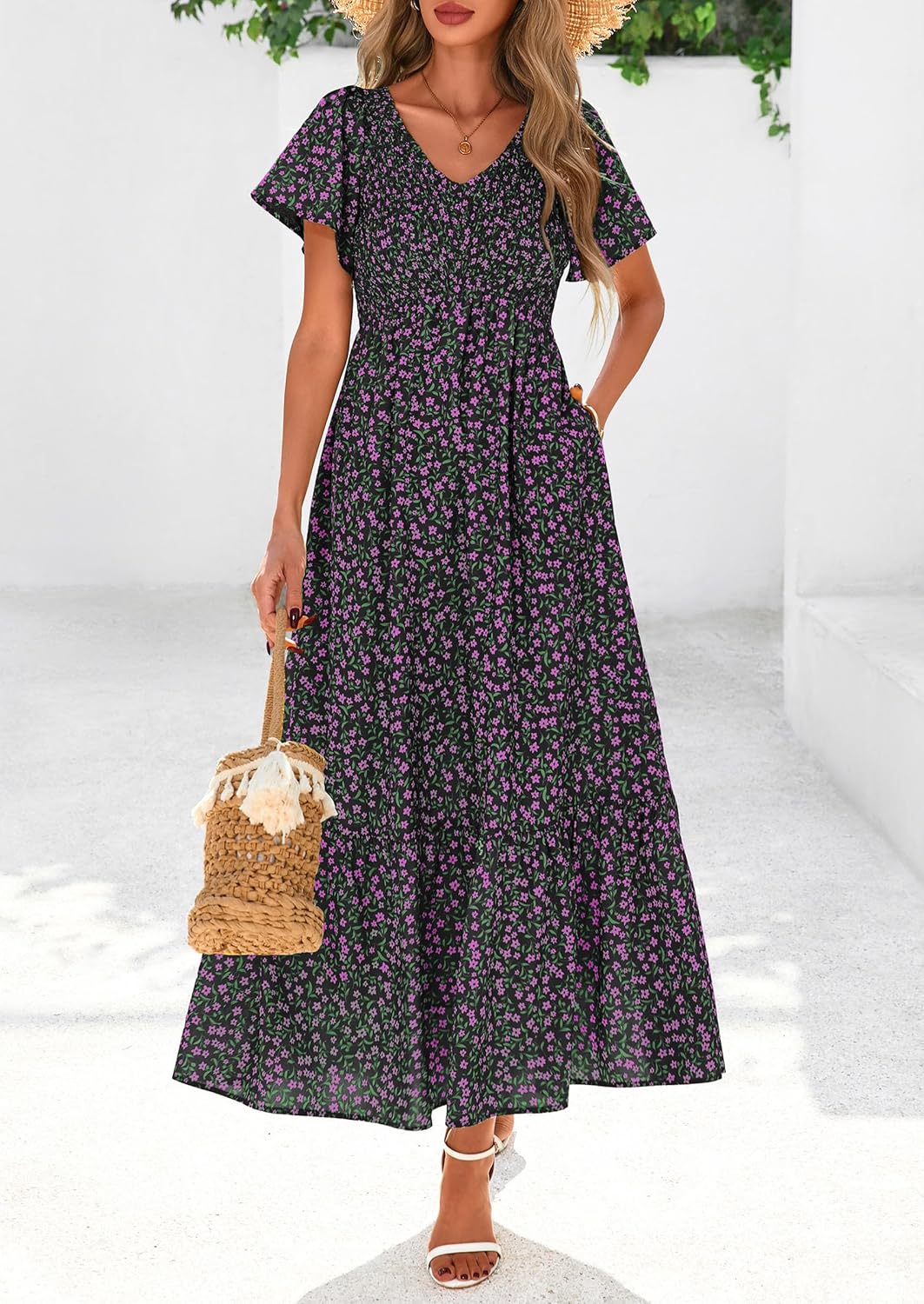 PRETTYGARDEN Boho Dresses for Women 2026 Summer Floral Short Sleeve V Neck Smocked Flowy Beach Vacation Maxi Dress - Image 3