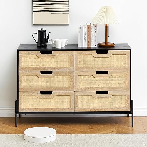 Miniatura 3 de GAOMON Cómoda de ratán, cómoda alta de 6 cajones para dormitorio, cómoda de almacenamiento para armario, sala de estar, pasillo, entrada, cómoda