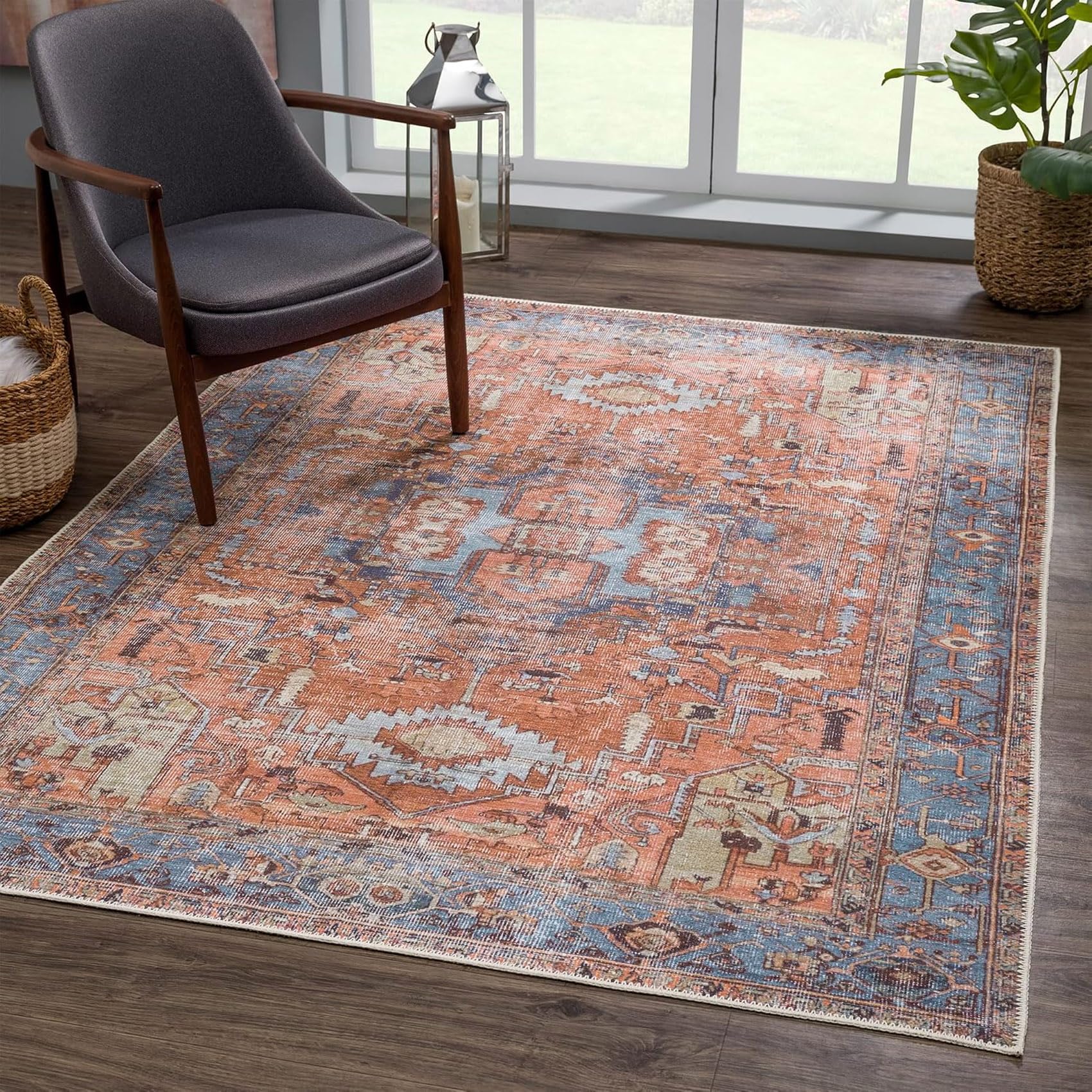 Teppich Quadratisch,Traditionelles Retro-Design, Orange/Blau, Terrakotta, 120 x 120 cm,Waschbar Teppiche für Wohn- Schlafzimmer Beistelltisch Küche Deko