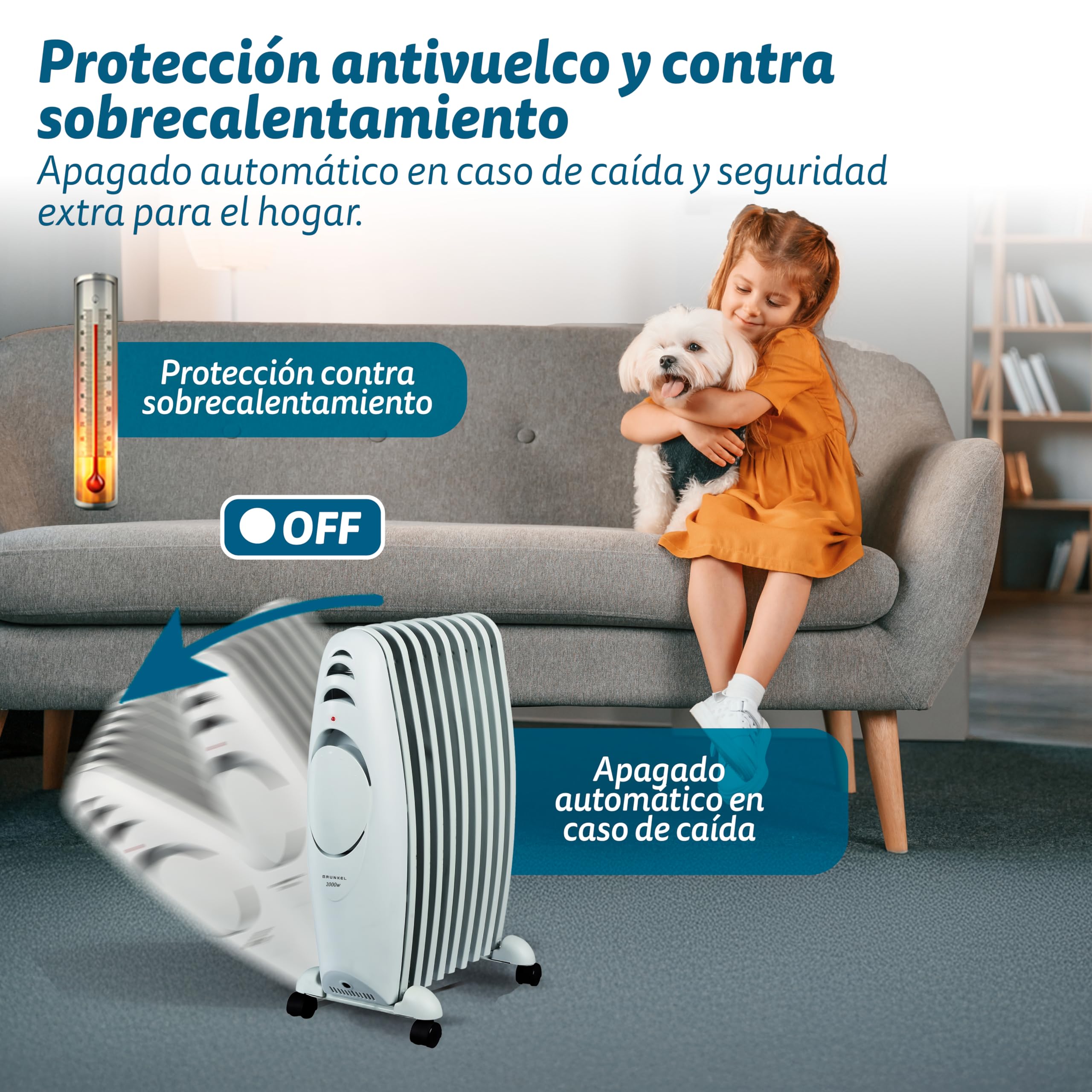 Grunkel - RAC-9EFIHEAT - Radiador de Aceite con 9 Elementos y 3 Niveles de Calor. con termostato Regulables y protección contra sobrecalentamiento. Base con Ruedas - Medidas: 34 x 14 x 58cm - 2000W