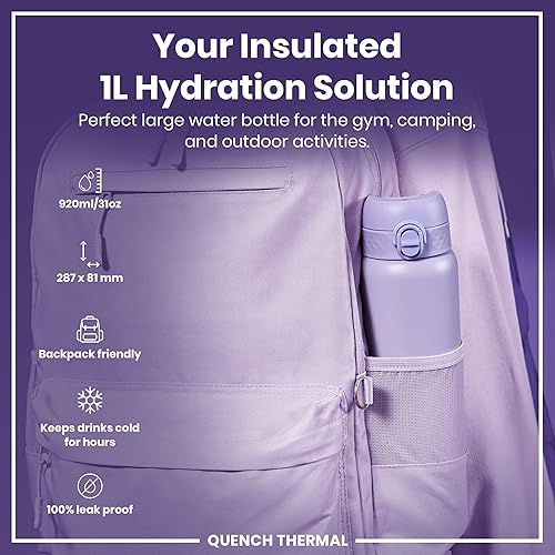 Miniatura 2 de Ion8 Botella de agua de acero inoxidable con aislamiento al vacío de 1 litro, 31.1 fl oz31 oz, a prueba de fugas, fácil de abrir, bloqueo seguro,