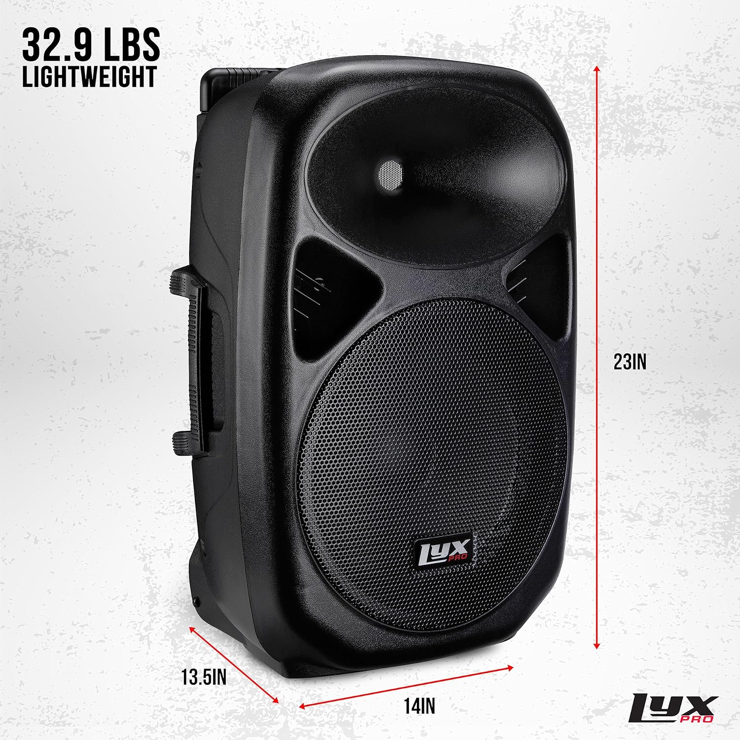 LyxPro SPA-12BAT speaker with dimensions: 23 inches height, 14 inches width, 13.5 inches depth, and weight of 32.9 pounds.