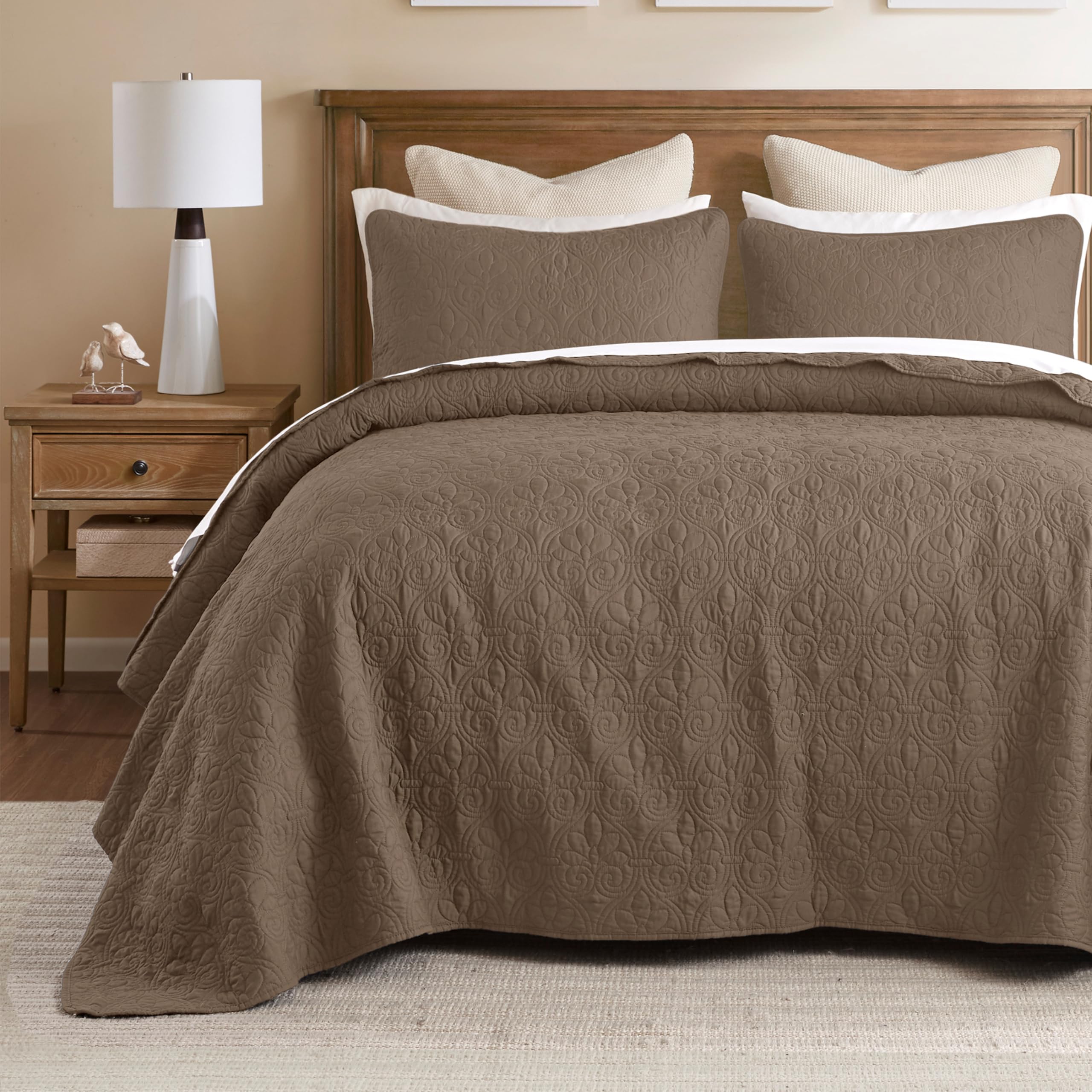 Madison Park Quebec 3 PC Double Sided Classic Bohemian Design. Cottage Bedroom Décor Cozy Bedspread-Style Quilt Hypoallergenic All Season Bedding-Set, Queen, Mocha-image-29