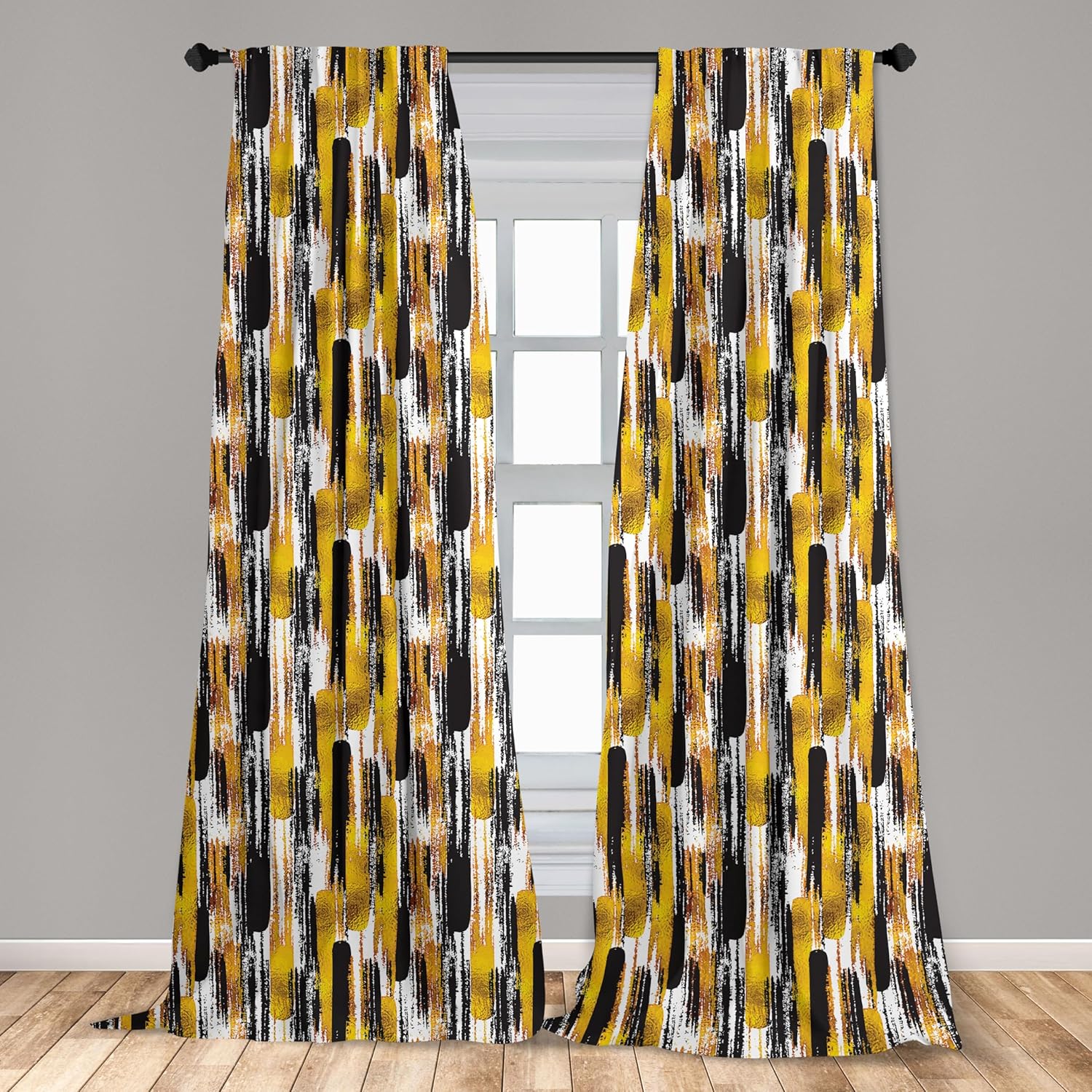 Ambesonne Modern Art Window Curtains, Watercolored Grunge Brushstroke Expressionist Background Paint Effects, Lightweight Decor 2-Panel Set with Rod Pocket, Pair of - 28" x 95", Black Yellow
