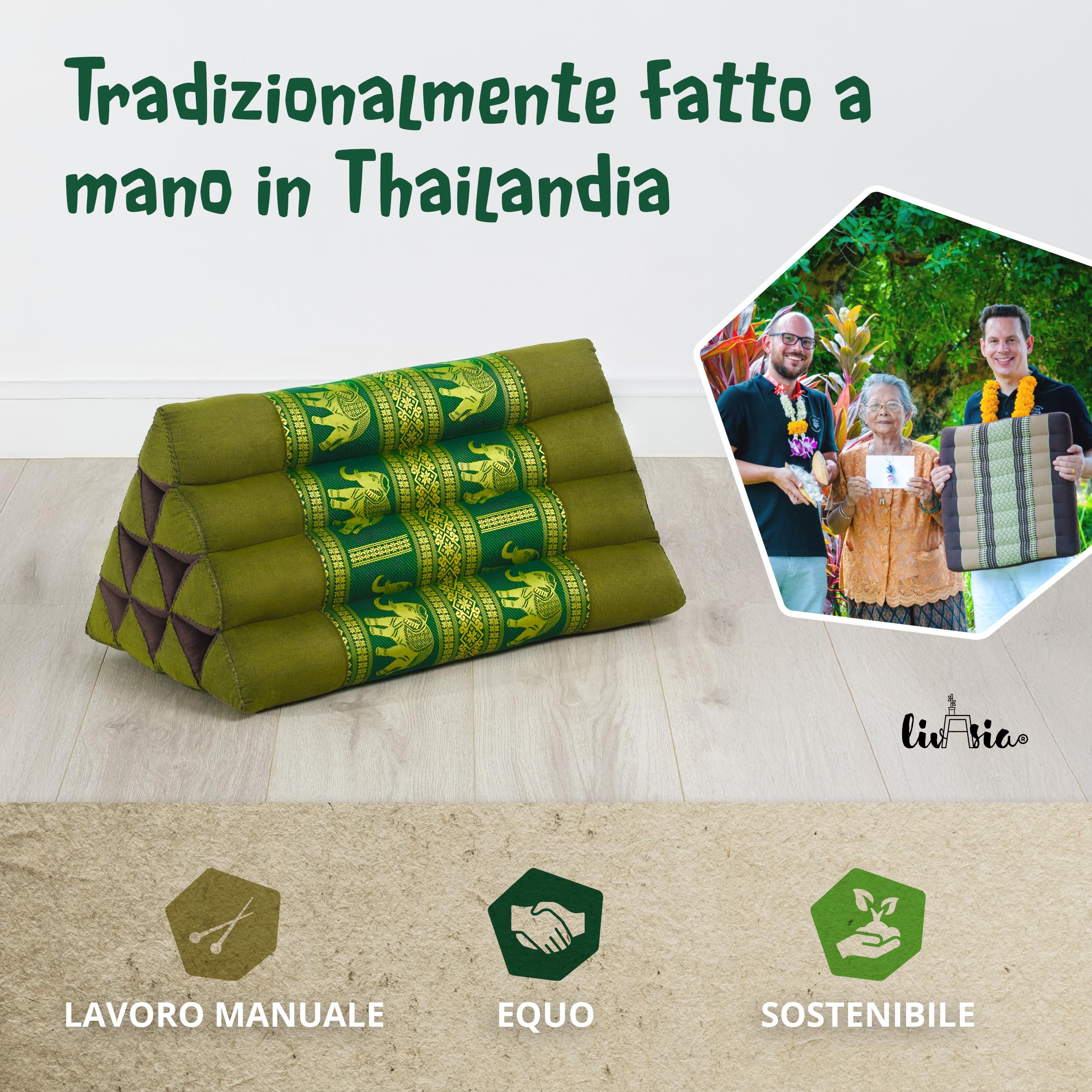 livasia Cuscino per la Schiena in Seta thailandese - 32x55x30cm - Cuscino Triangolare per Il Giardino e Il Balcone, Cuscino a Cuneo con kapok, Fatto a Mano (Verde/Elefanti Seta)