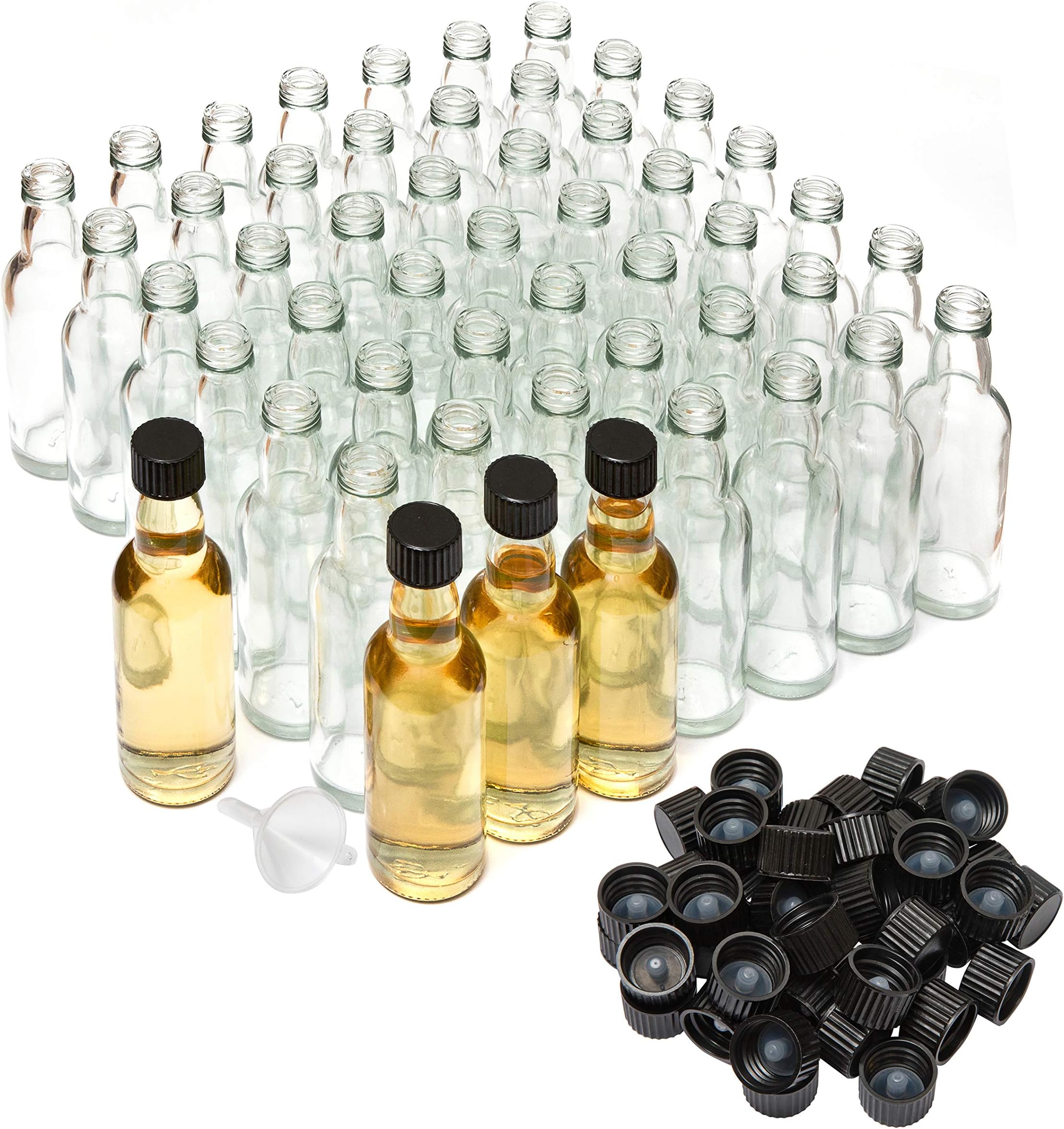 – Mini Liquor Bottles with Lids and Funnel, 50 Pack, Small Reusable Glass Tasters for Spirit Samples, Essential Oils, or Party Favours, Empty and Refillable, Black Screw-On Top