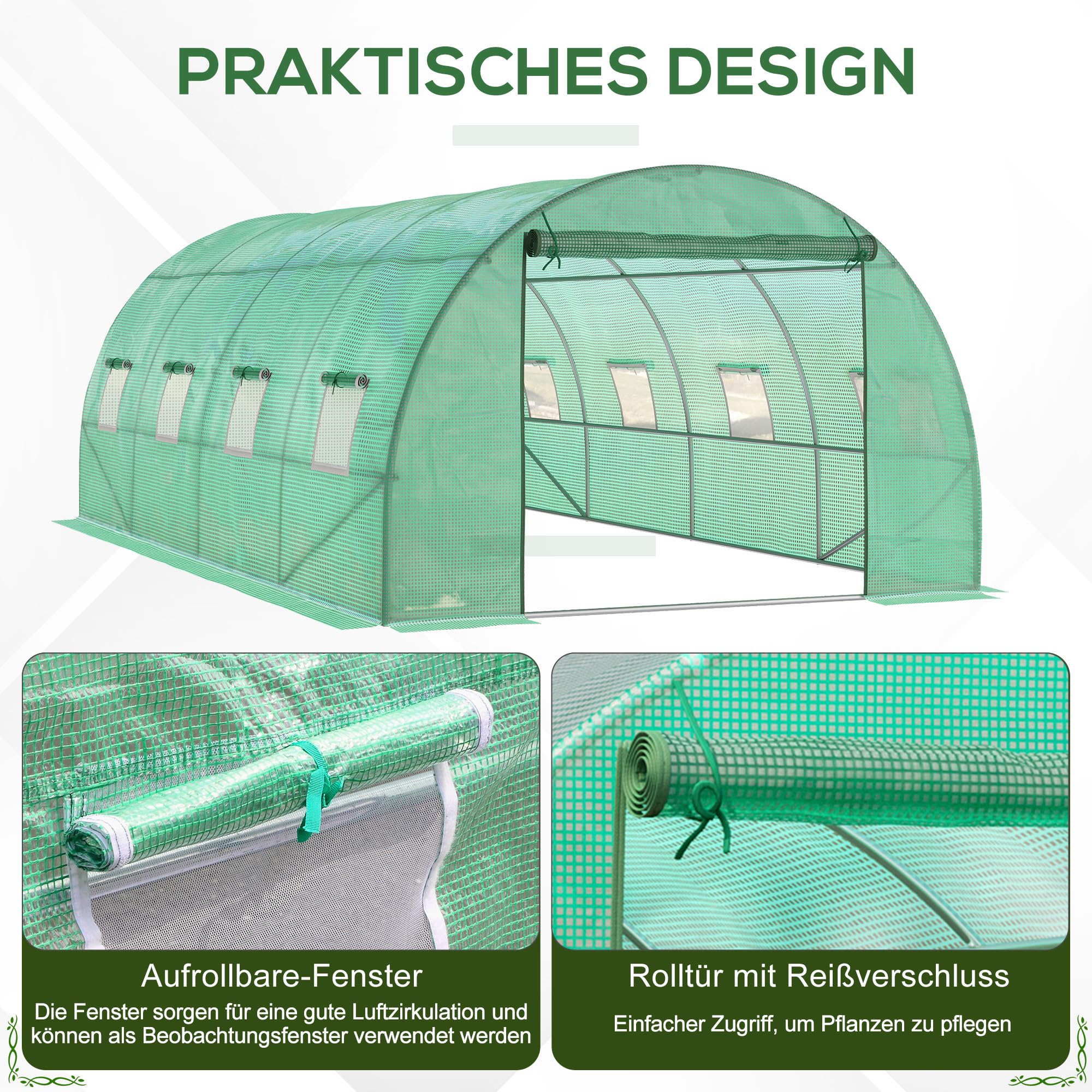 Invernadero Outsunny Aprox. 6 x 3 x 2 m Invernadero de lámina con 8 Ventanas, Puerta Enrollable, Paredes Laterales enrollables, túnel de lámina Resistente a los Rayos UV, Invernadero para Tomates con