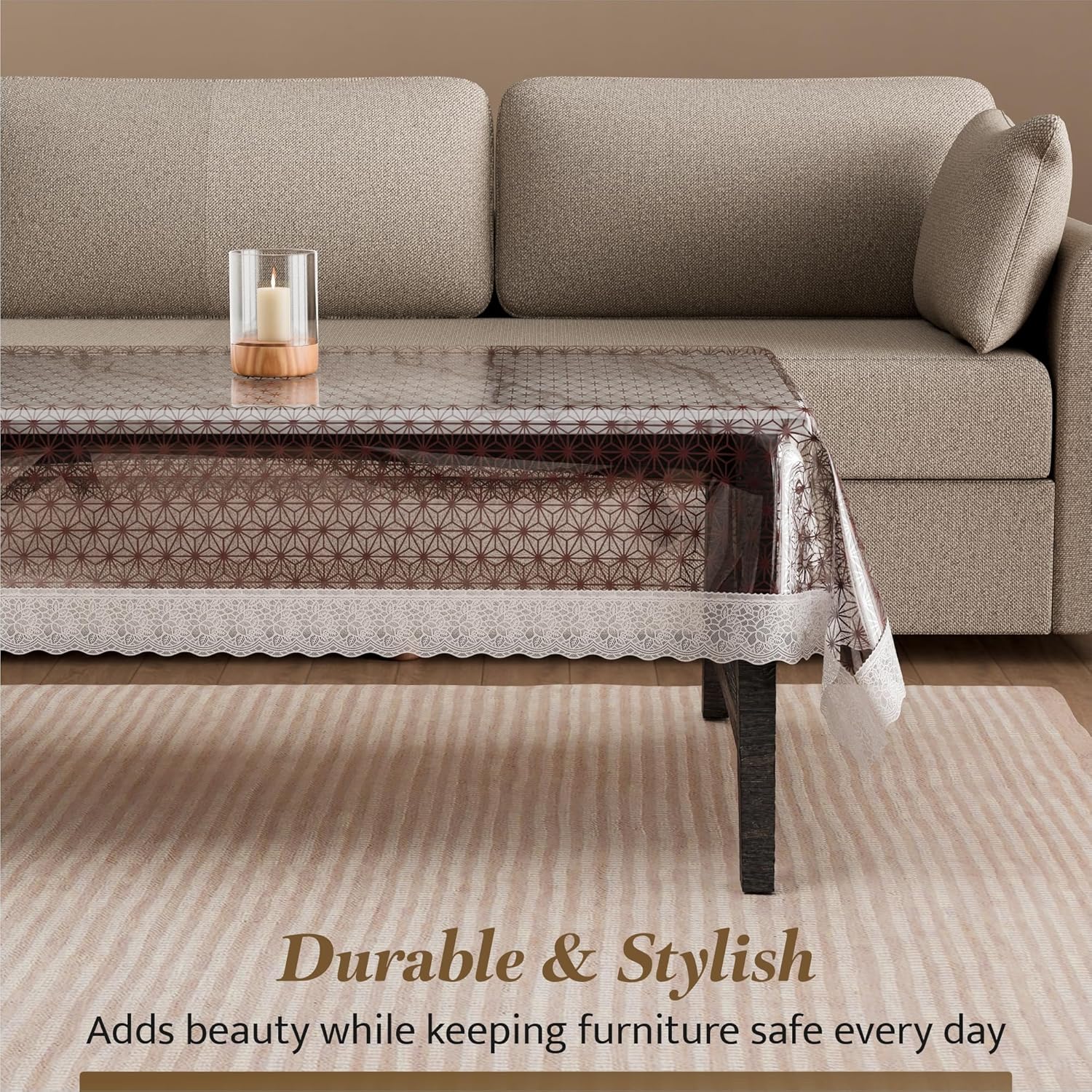 Kuber Industries 4 Seater PVC Tablecloth for Dining Table Multipurpose Table Cover for Parties & Events 40 x 60 Inch Star Print Brown