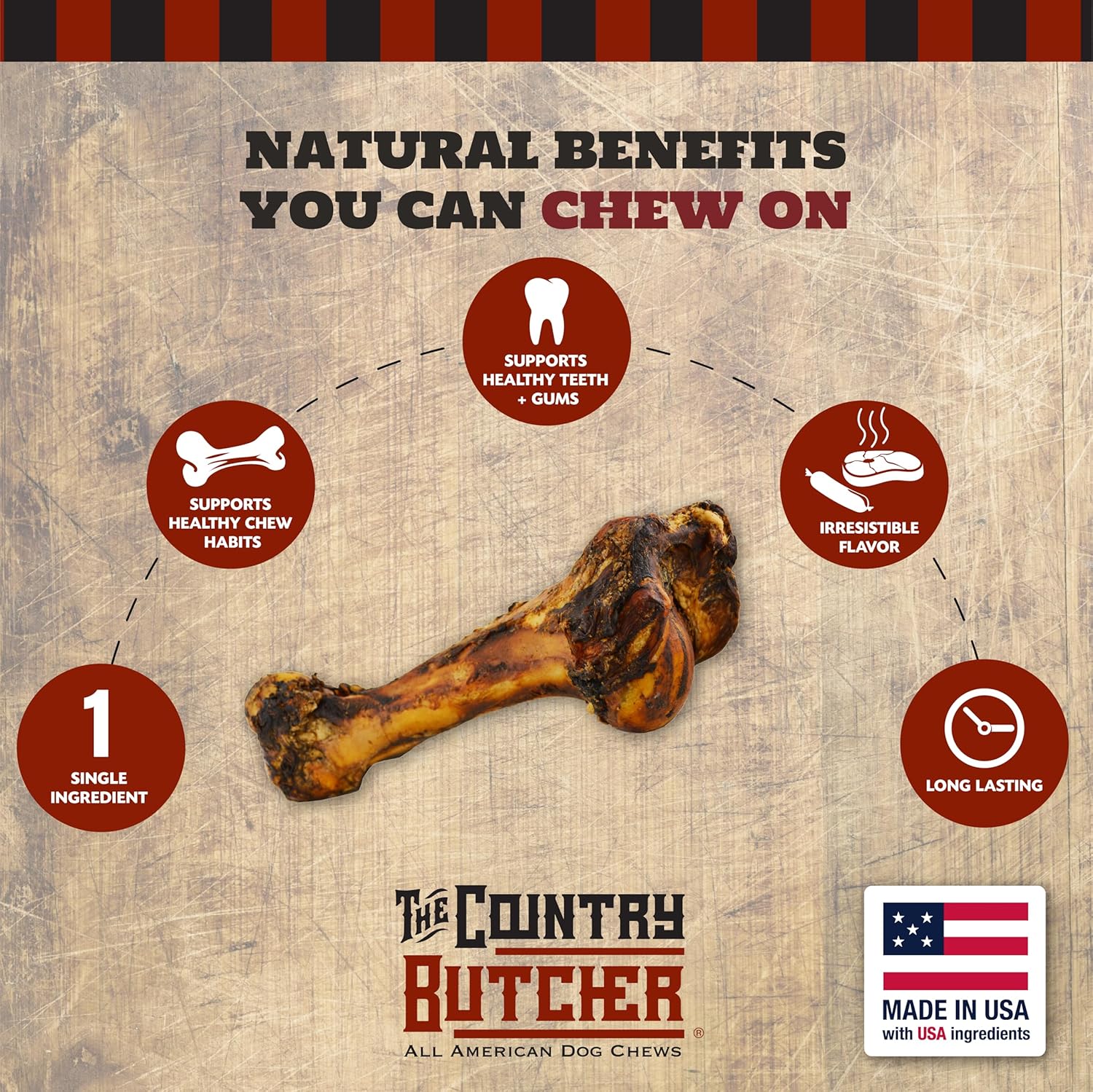 THE COUNTRY BUTCHER Giant Dog Bone - Long-Lasting Chew for Large and Medium Breeds, Stocking Stuffers, Birthdays, Holidays, Gotcha Day, Tough Beef Bone for Aggressive Chewers, Made in The USA, 1 Count