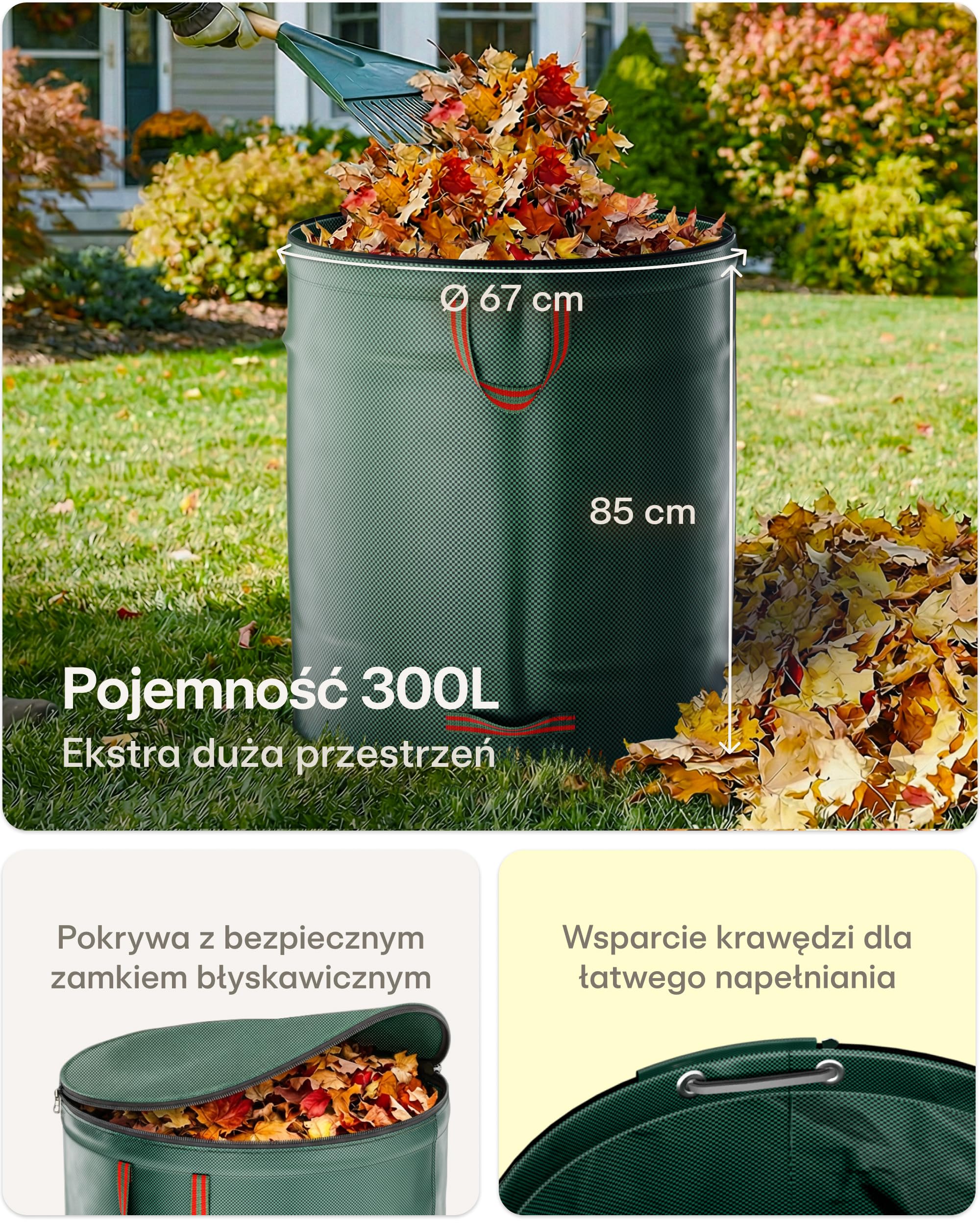 3x Worki Na Odpady Ogrodowe Wielokrotnego Użytku Z Uchwytami I Zamkiem Błyskawicznym Z Pokrywą 300l - Stabilne - Składane - Wytrzymały Polipropylen