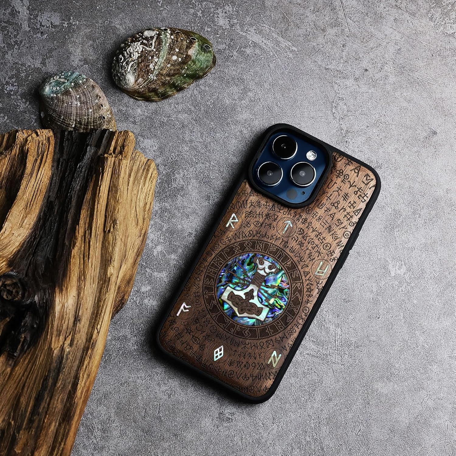Carveit Wooden Case for iPhone 15 Pro Magnetic Case, Compatible with MagSafe Wireless Chargers, Shockproof Cover, Handmade Shell Inlaid & Wood Artisan Engraved (Thors Hammer) Walnut