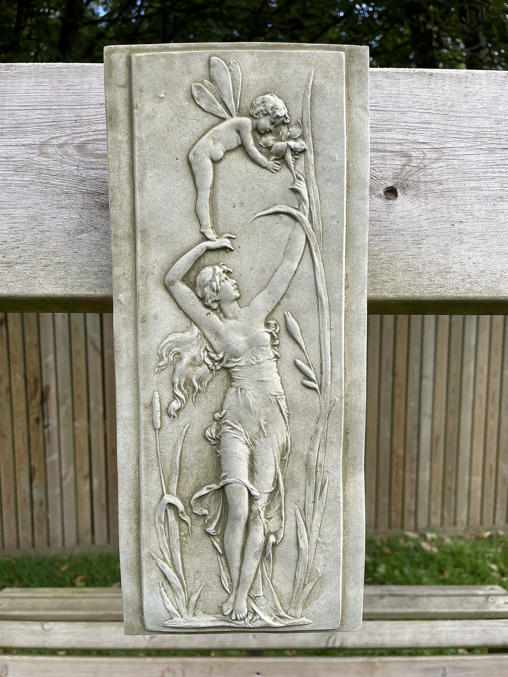 Burgess Home & Garden Nymph & Cherub A Hanging Plaque Stone Statue | Reconstituted Outdoor Decoration Garden Ornament