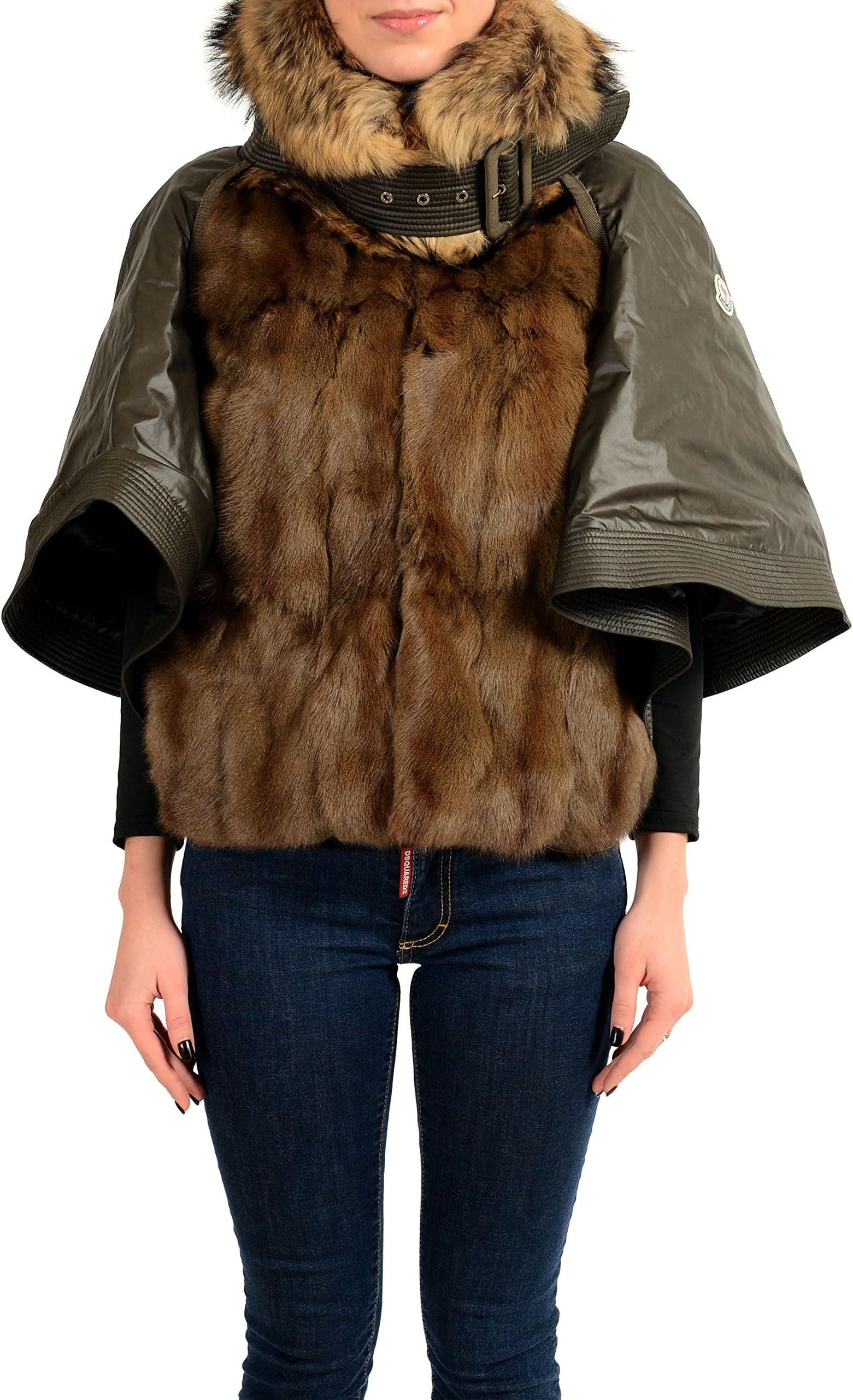 Moncler Women's SHIE Real Fur Raccoon Down Bolero Jacket Moncler Sz 1 US S Olive Green