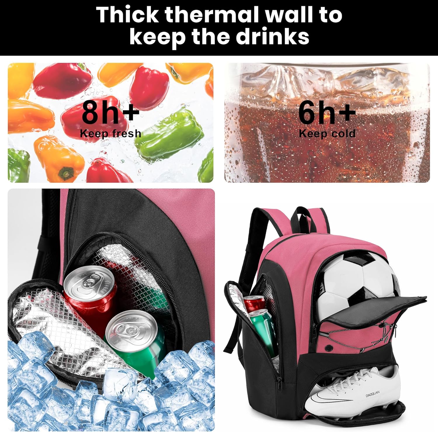 Soccer Backpack with Ball Holder,Youth soccer Bag for Basketball,Volleyball-Includes Separate Shoe Compartment&and Insulation (Light Pink) - Image 2