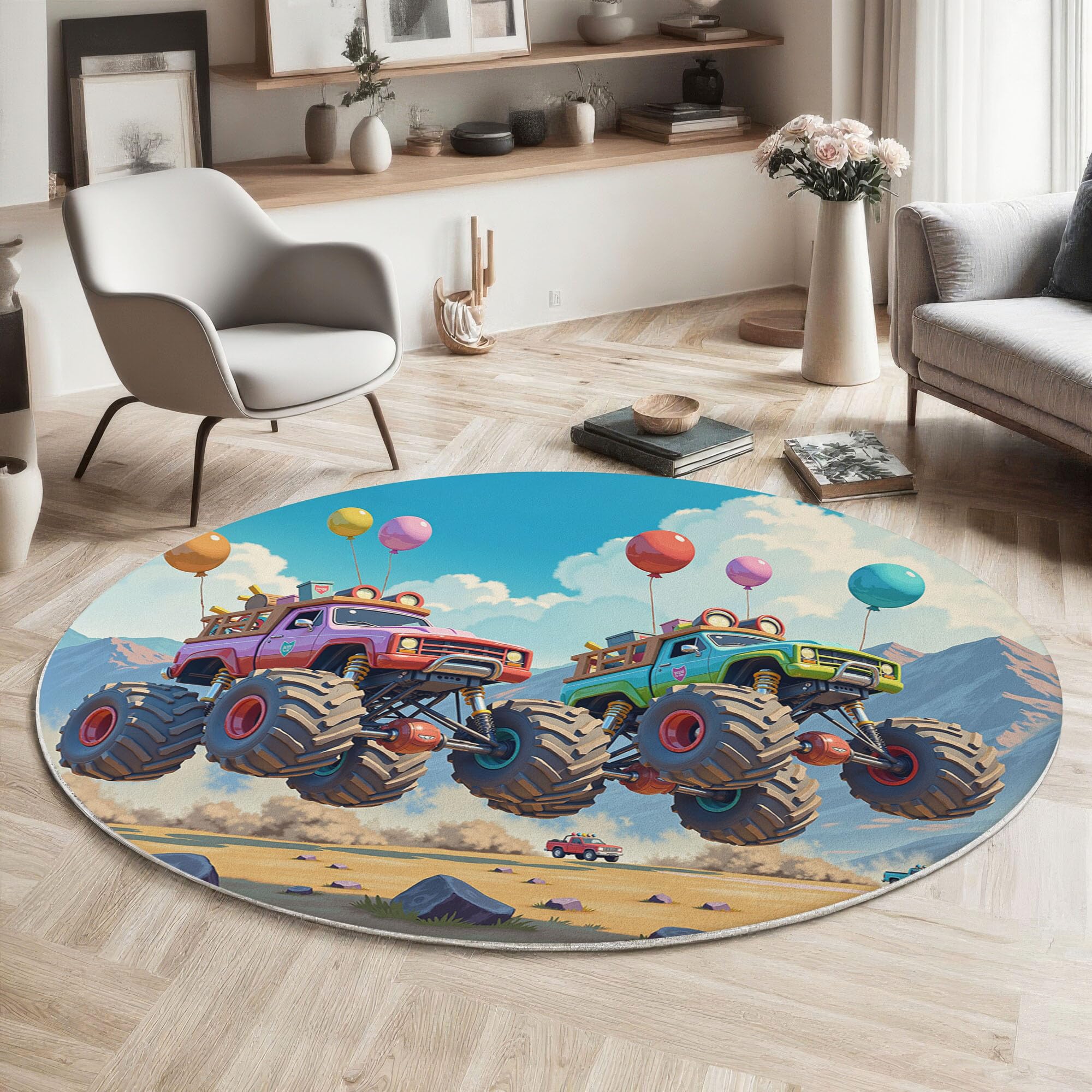 Tapis rond camion tout-terrain bleu pour créer un coin jeu dans la chambre