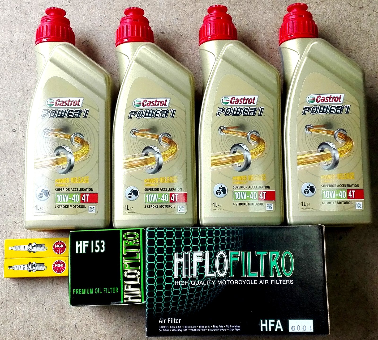 Kit de mantenimiento para Ducati Monster 696 2008 - 2013: 4 Litros de Aceite Castrol Power 1 10W40, 1 Filtro de Aceite HIFLO HF153, 1 Filtro de Aire HIFLO HF6001, 2 Bujías NGK DCPR8E