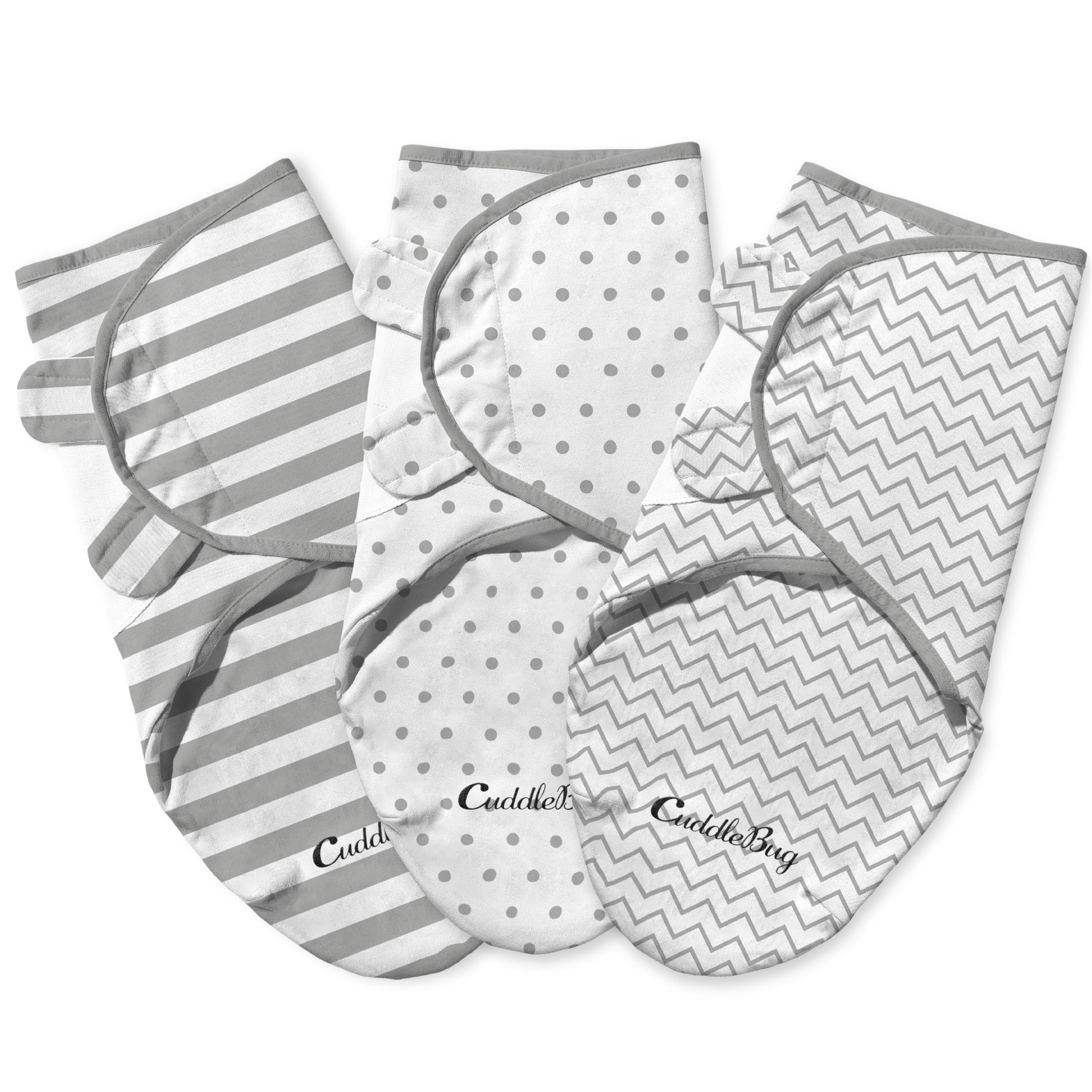CuddleBug Swaddles for Newborns (3-Pack) - 100% Cotton Velcro Baby Swaddles 0-3 Months, Machine Washable Newborn Sleep Sacks, Snug Baby Swaddle Blanket (Spots & Stripes)