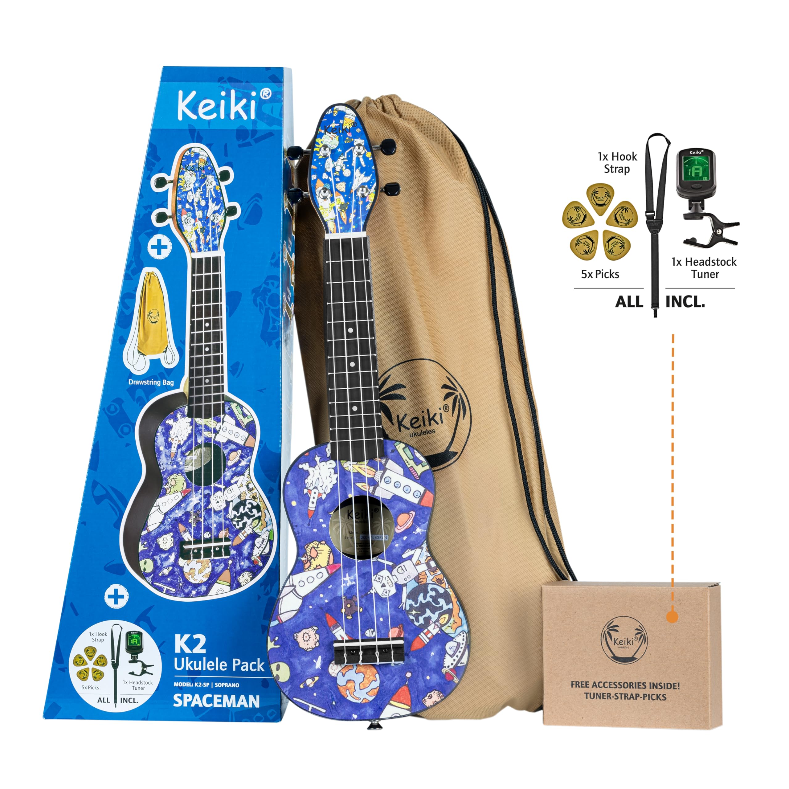 Ortega Guitars Akustyczne Ukulele Sopranowe – Seria Keiki K2 – w Zestawie z Akcesoriami – Agathis/ABS, Motyw Spaceman (K2-SP)