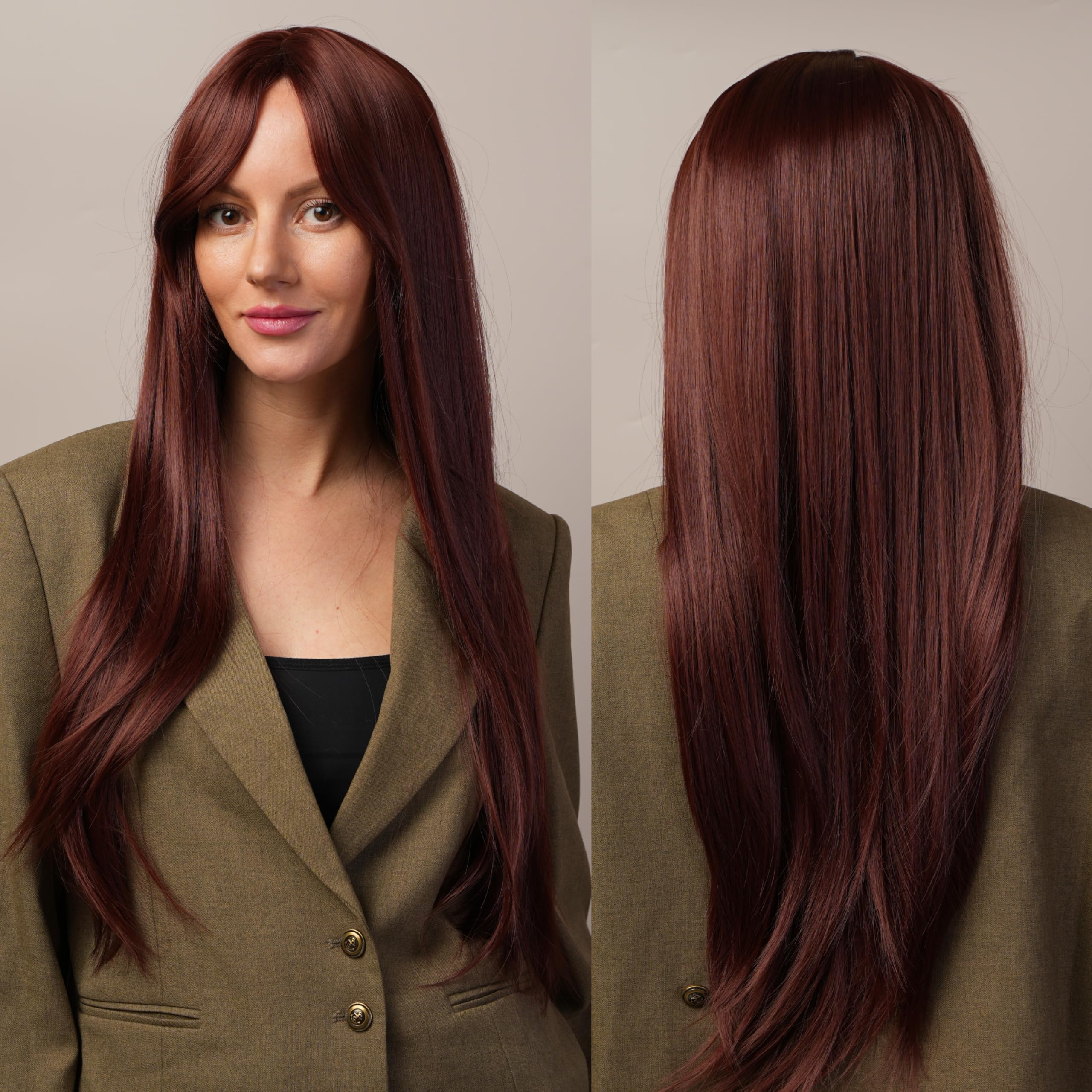 Red Long Straight Wig Auburn Middle Part Heat-Resistant Glueless Synthetic Hair 3-Second Wear Perfect for Cosplay Parties & Halloween 31 Inches Length