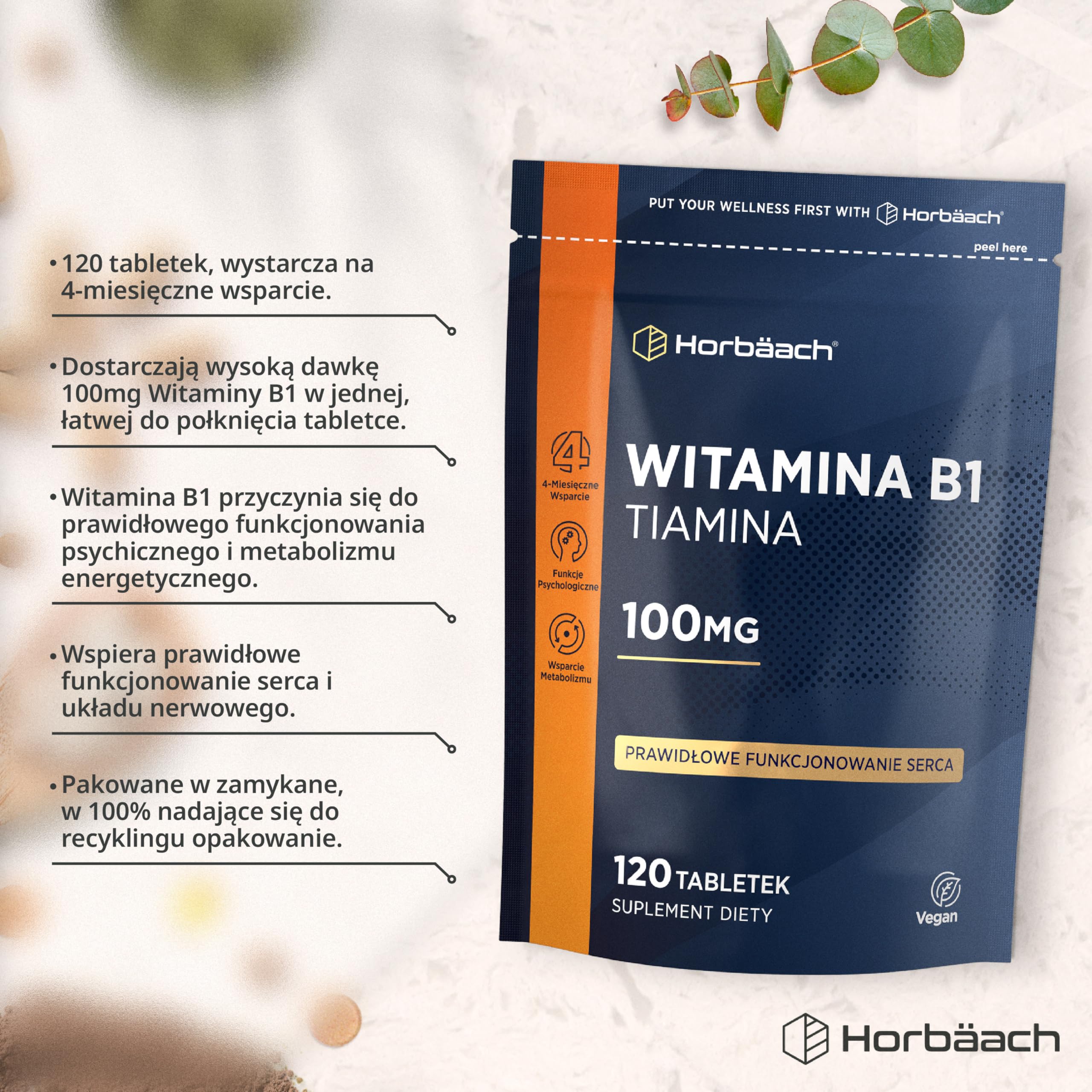 Witamina B1 (Tiamina) 100mg Tabletki | 120 Sztuk (Zapas Na 4 miesiące) | Witamina B1 Wysokiej Mocy | Suplement Odpowiedni Dla Wegan i Wegetarian | Firma Horbaach