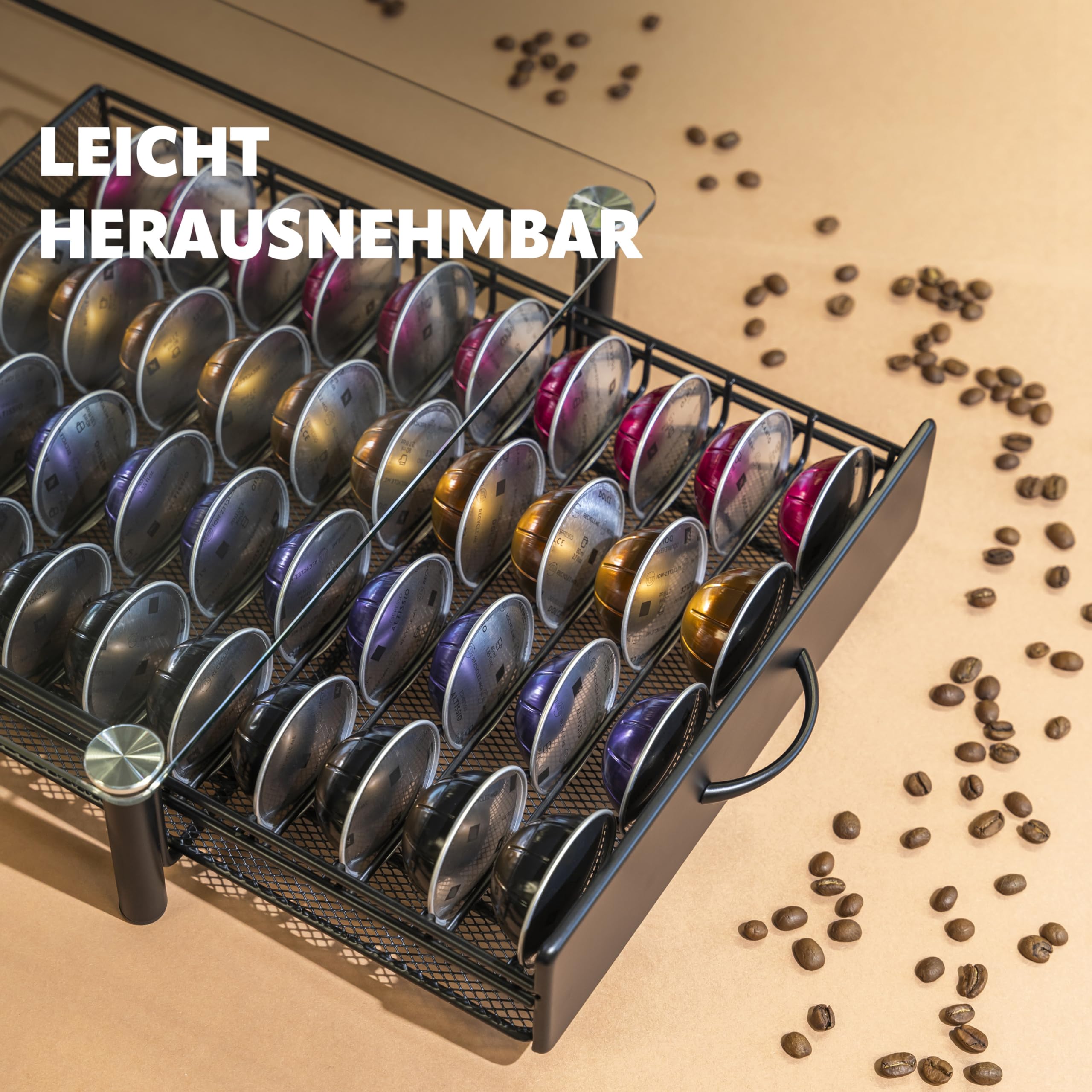 eluno Soporte para 40 cápsulas Nespresso Vertuo, cajón, soporte para máquina de cristal de metal y placa de cristal, caja de cápsulas de café, dispensador de cápsulas (transparente)