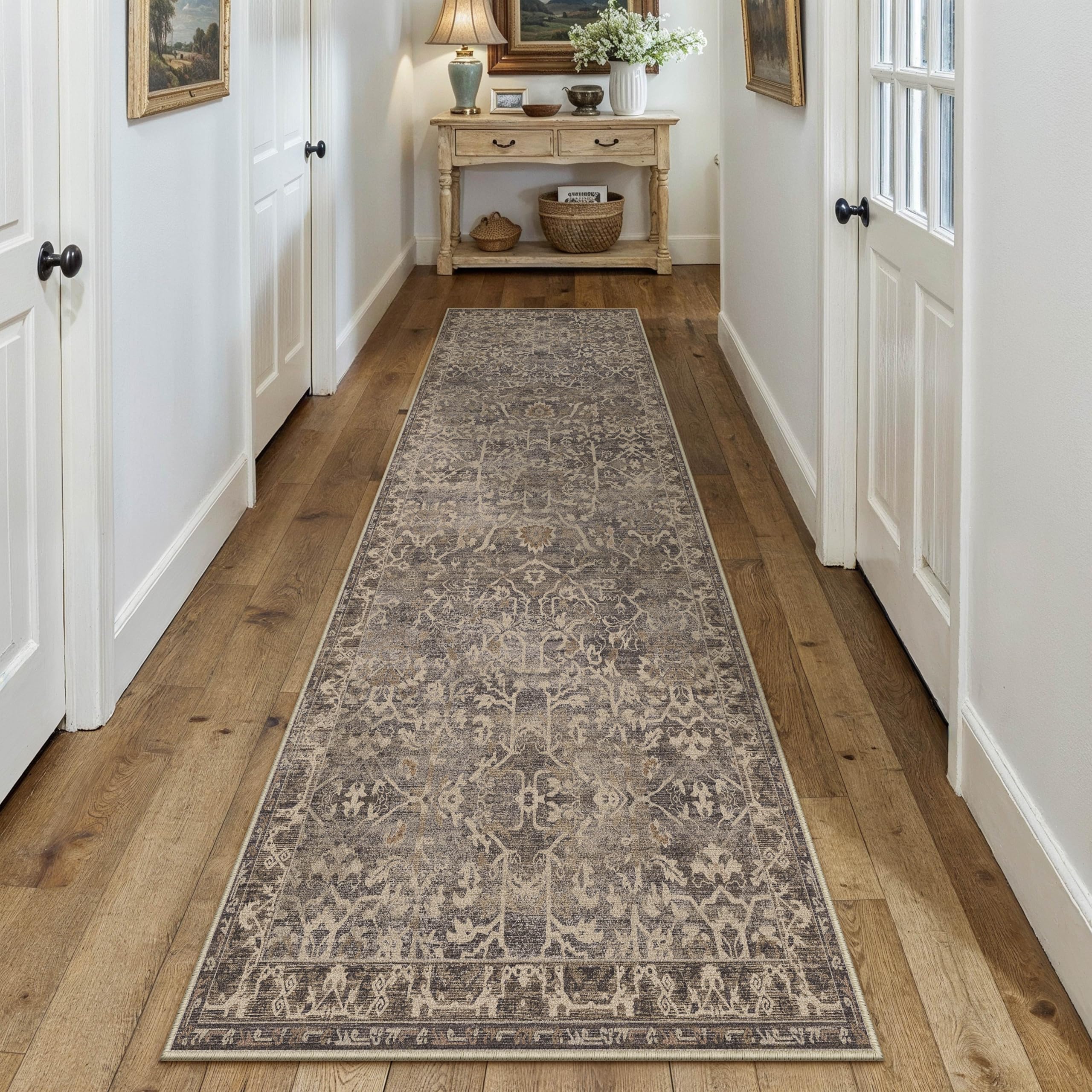 hugear 3x10 runner rug hallway retro brown machine washable vintage floral low pile carpet vacuumable distressed long throw rug bedroom office bathroom kitchen laundry non slip soft lightweight