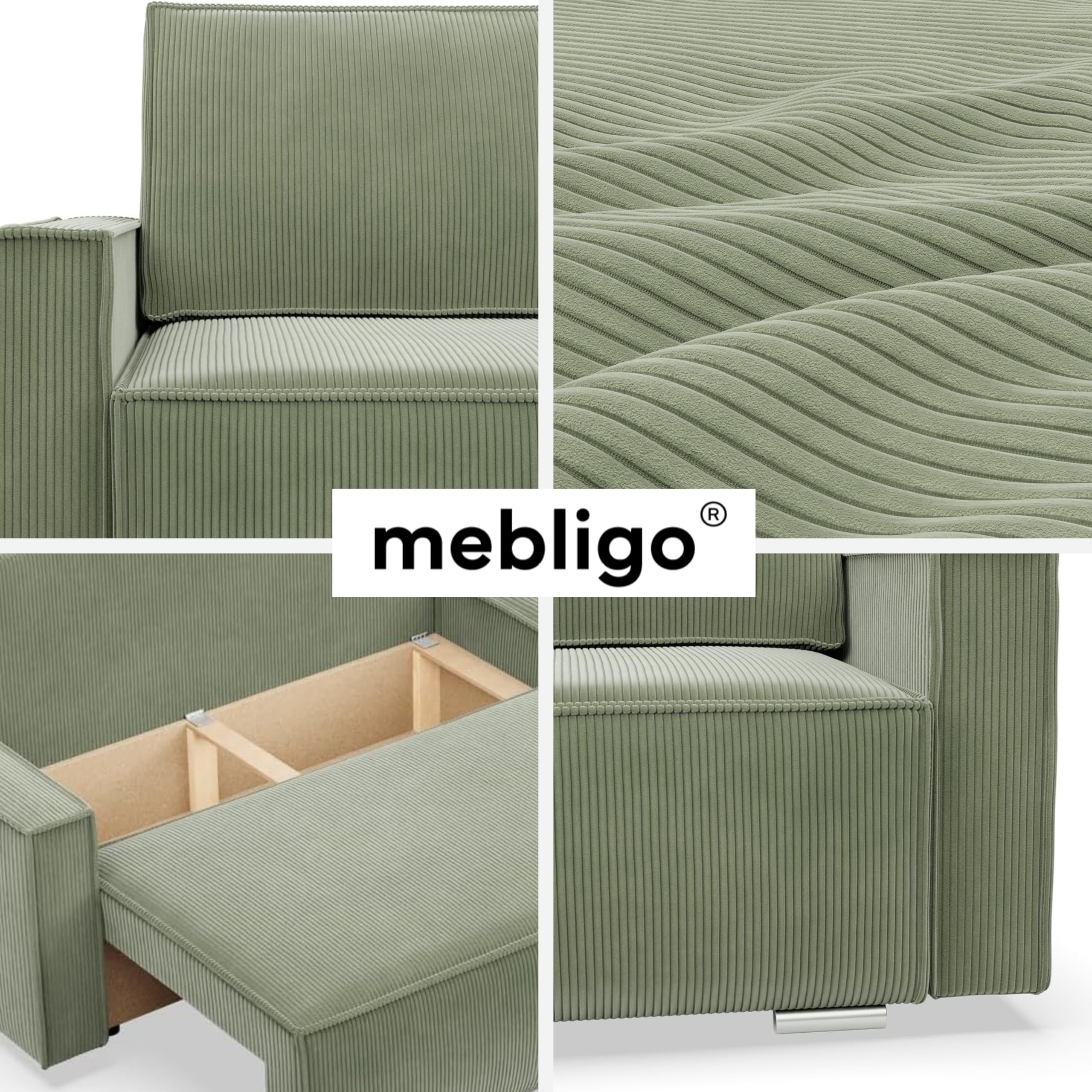 Mebligo Ecksofa mit Schlaffunktion und Bettkasten NOTO, Cord Sofa L Form 231 cm Breit, Eckcouch Cord mit Schlaffunktion, Bonellfederkern, Universal Sofa Hellgrün