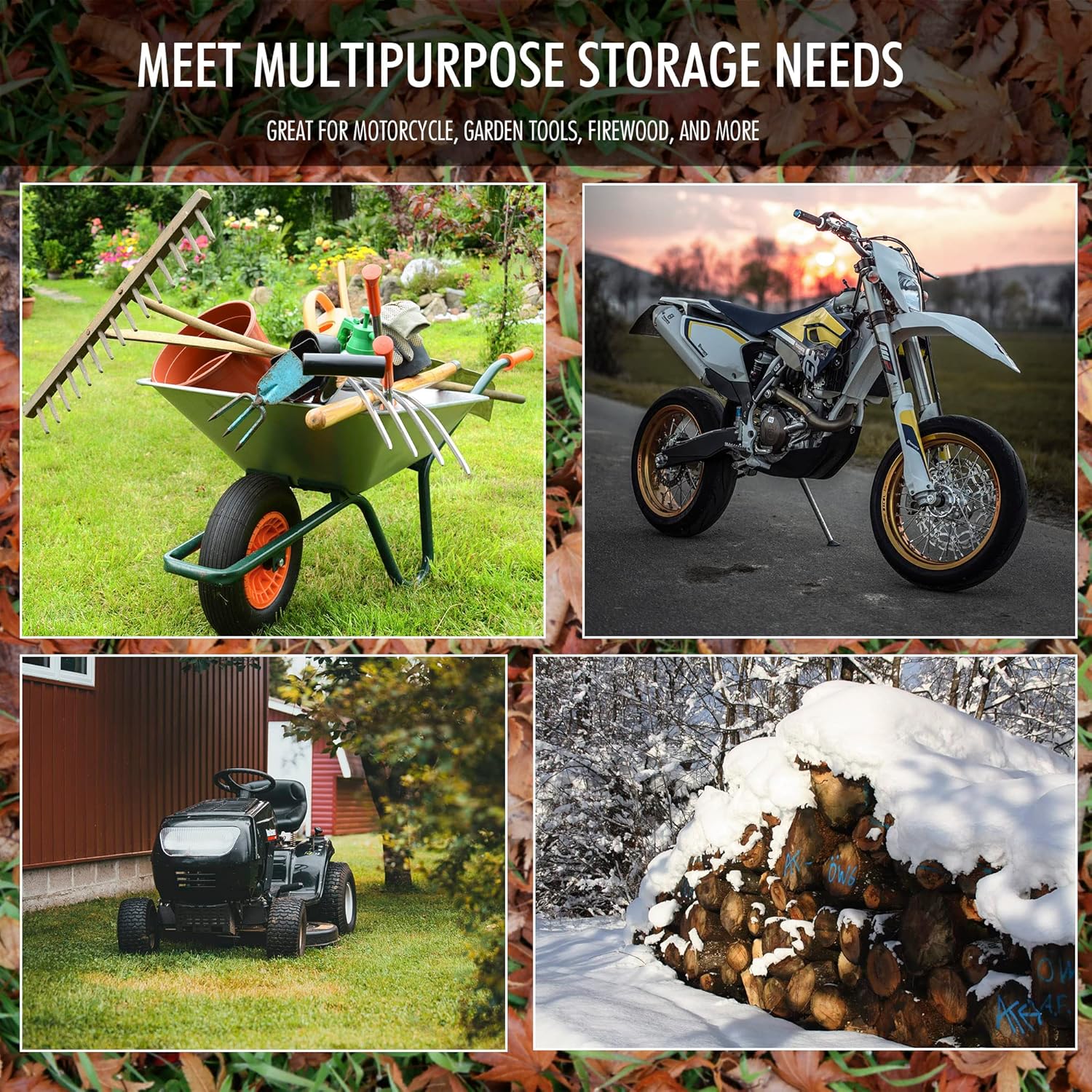 Collage of items that can be stored in the shed: wheelbarrow with tools, motorcycle, lawnmower, and firewood