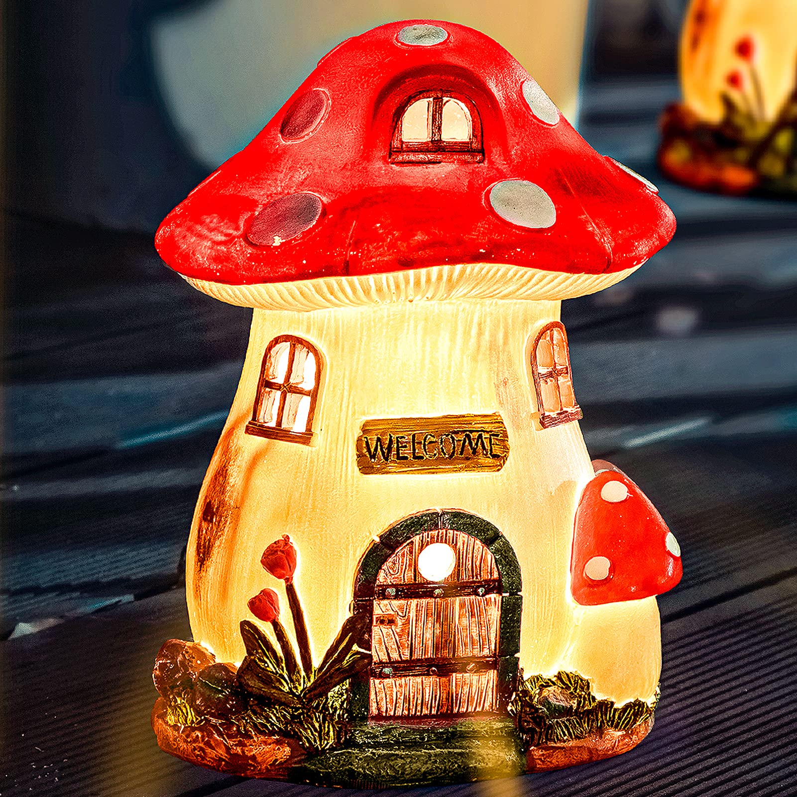 WONDHOME Mushroom Illuminated Miniature Fairy Landscape House with Solar Powered LED Spring Outdoor Garden Statue Yard Art Sculpture for Patio Yard Lawn, Gardening for Women Mom