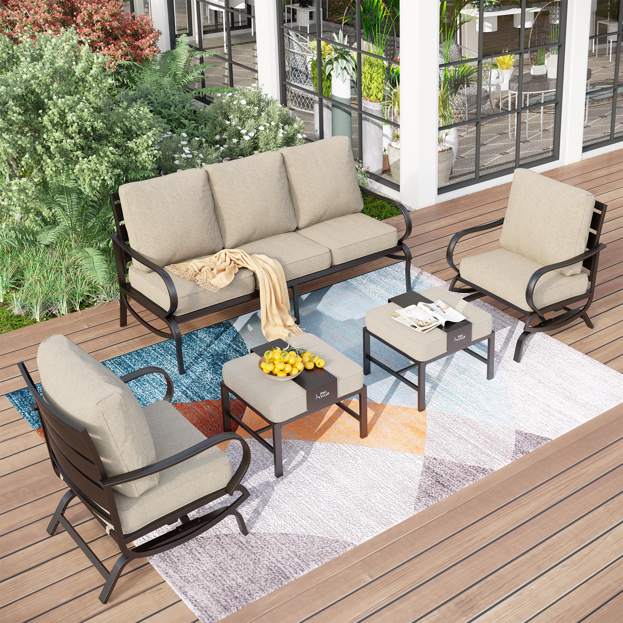 PHI VILLA 5 Pcs Patio Furniture Set with 1 x 72 Padded Deep Seating Bench Sofa, 2 x Cushioned C-Base Sofa Chairs and 2 x Metal Cushioned Ottoman,