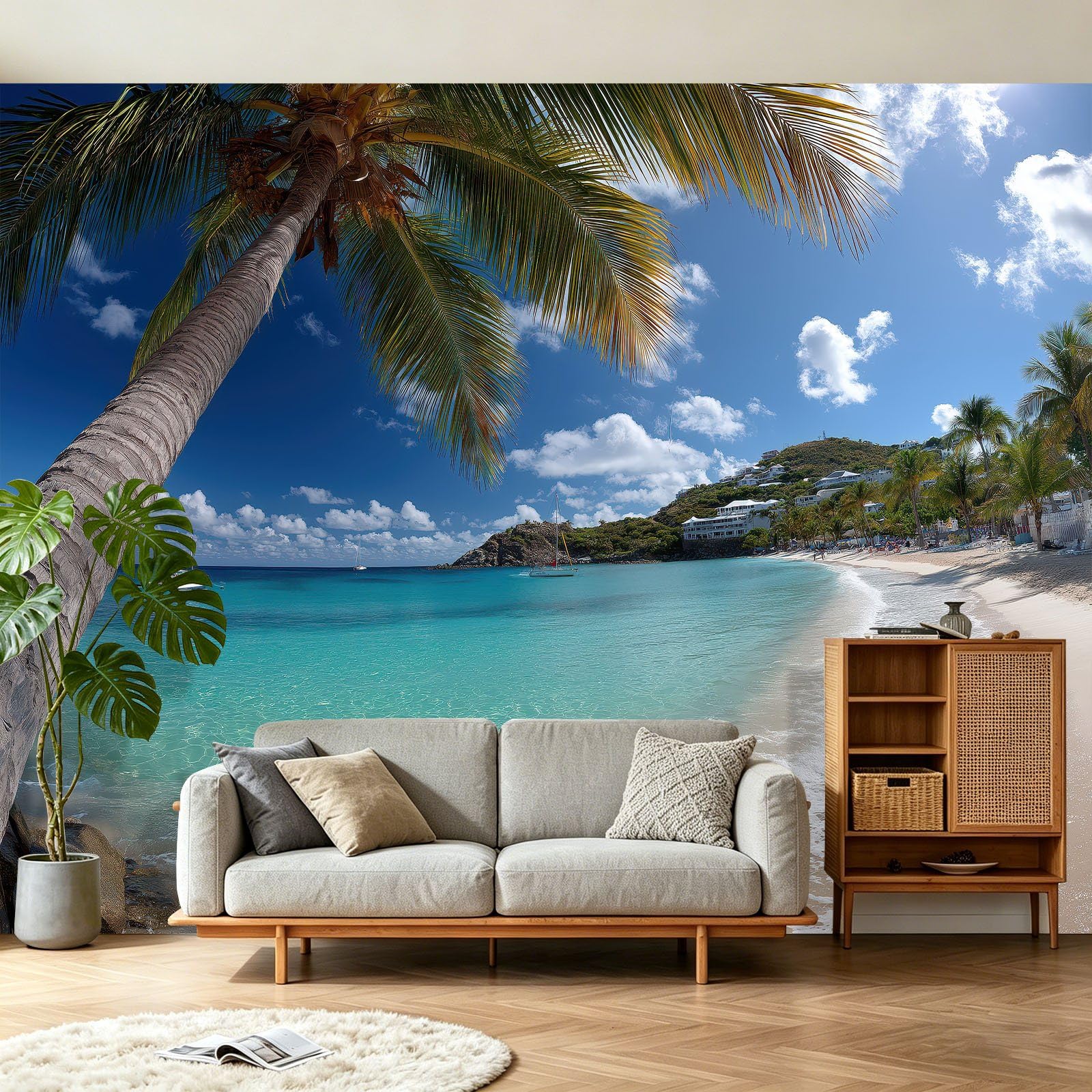 Papier Peint Panoramique Côtier Tropical Vacances 3D Panoramique Papier Peint Palmier Plage, Papier Mural Decoratif Pour Salon, Chambre, Tapisserie Murales, Décoration Murale 400 x 280 cm