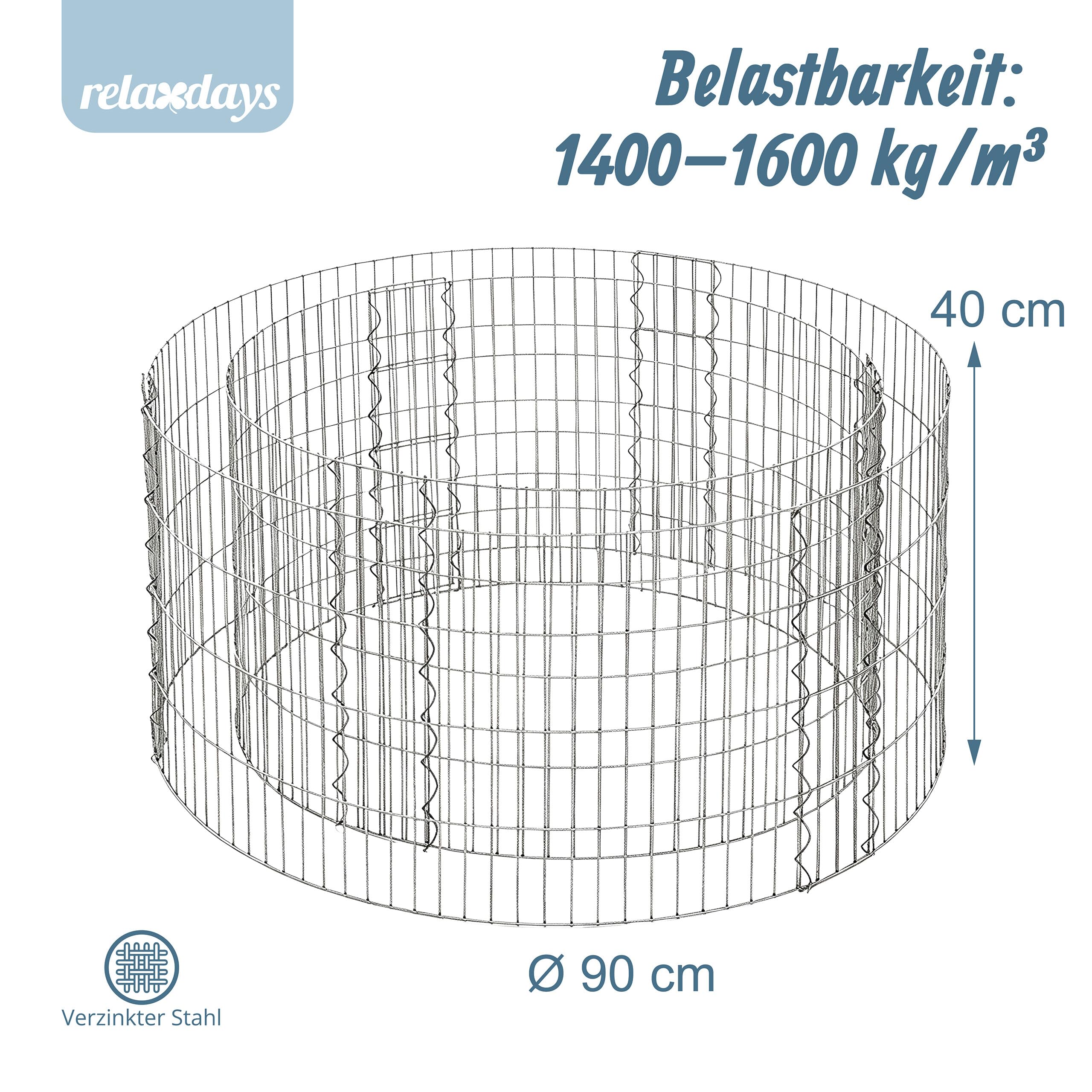 Relaxdays Gabione rund, Hochbeet Garten, Steinkorb, 3.5mm Draht, bepflanzbar, HxØ: 40x90 cm, Gabionenwand, Stahl, silber
