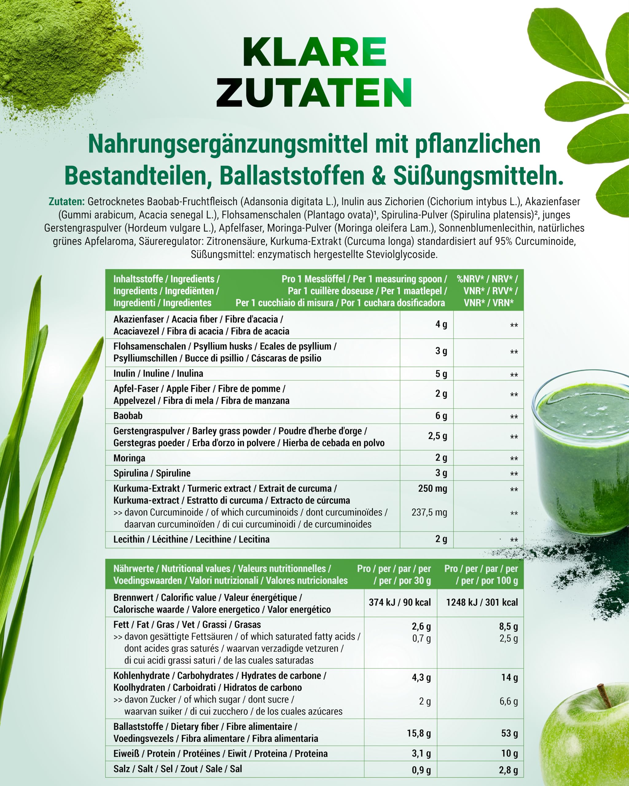 vit4ever Greens & Fiber Pulver - 600g - 16g Ballaststoffe & Superfoods | Flohsamen, Spirulina, Moringa, Gerstengras, Inulin, Apfelfaser, Kurkuma