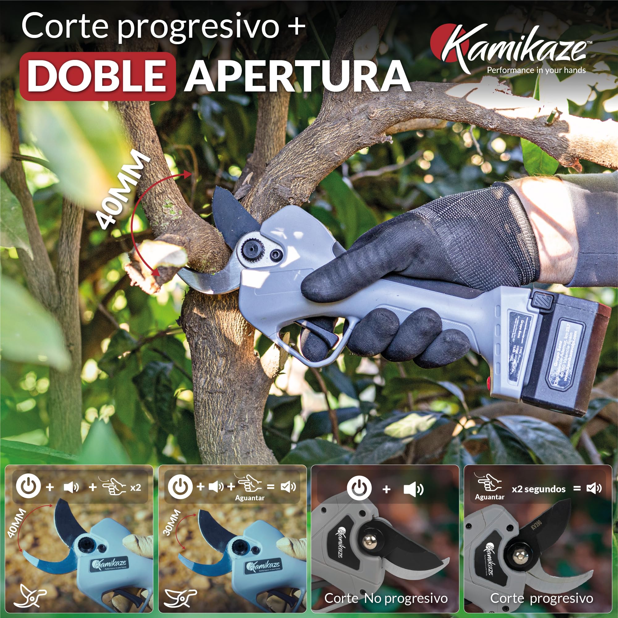 KAMIKAZE Tijera de Poda Eléctrica KV390 con 2 Baterías de Litio, Corte Regulable 5-40mm, 7h de Autonomía, Pantalla Inteligente, Hoja SK5, Tijeras Profesionales para Viña y Frutal