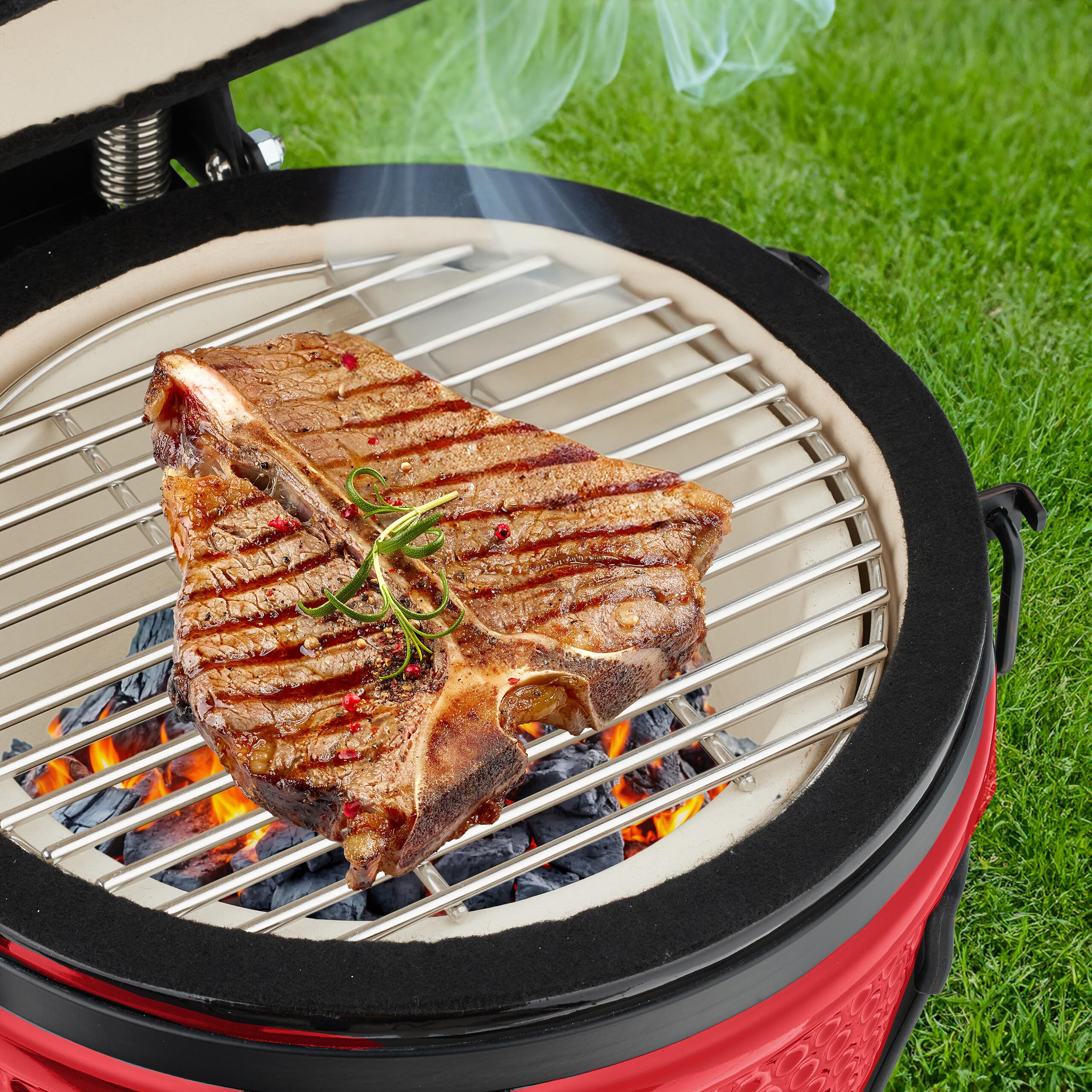 Relaxdays Kamado Grill, Ø 26 cm, japoński grill ceramiczny z termometrem 450°C, grill, wędzarnia, pokrywa, czerwony