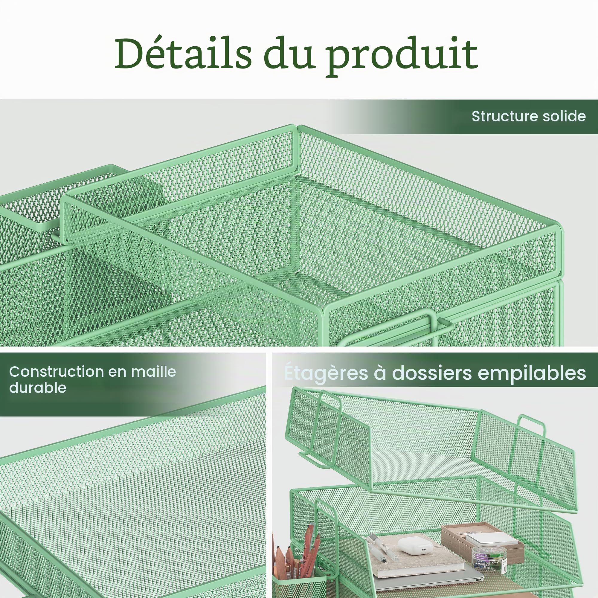 Corbeille à courrier empilable à 4 Niveaux pour Bureau, Organiseur de Bureau, bacs à dossiers pour Accessoires de Bureau, Accessoires pour courrier avec Porte-Stylo - Vert