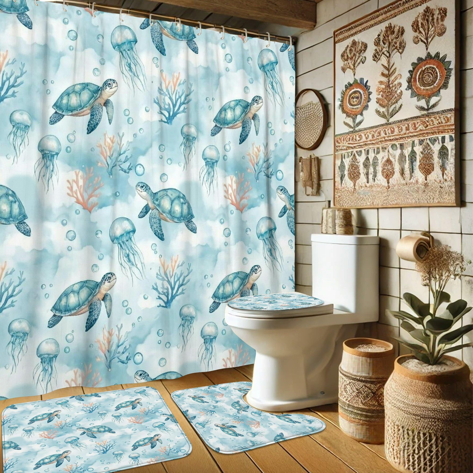Rideau de douche en tissu imperméable supérieur bleu été 183 x 183 cm avec tapis confort