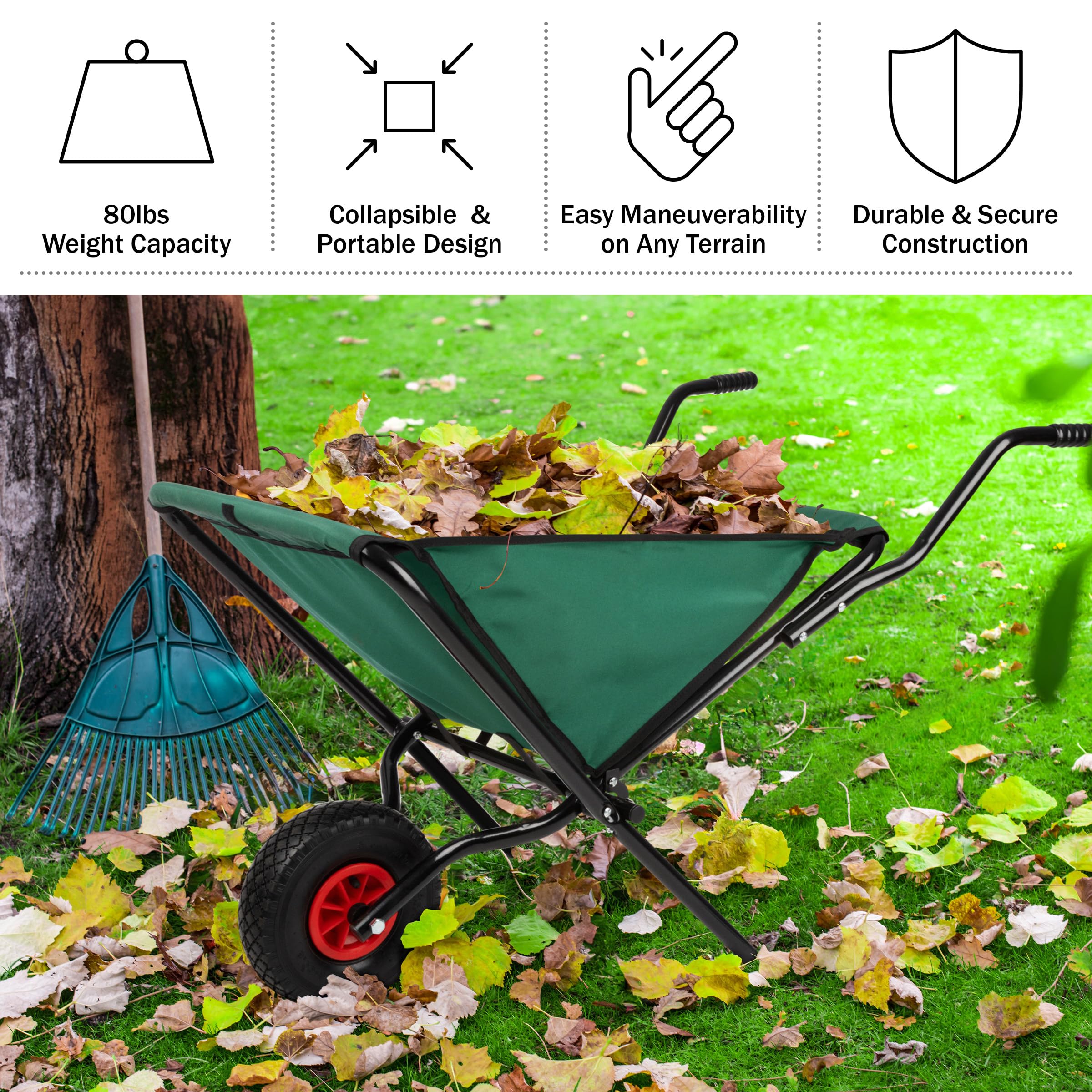 Pure Garden Składana taczka – składany wózek ogrodowy o pojemności 36,3 kg, kieszenie do przechowywania i wyściełane uchwyty – taczki do pielęgnacji trawnika (zielony)