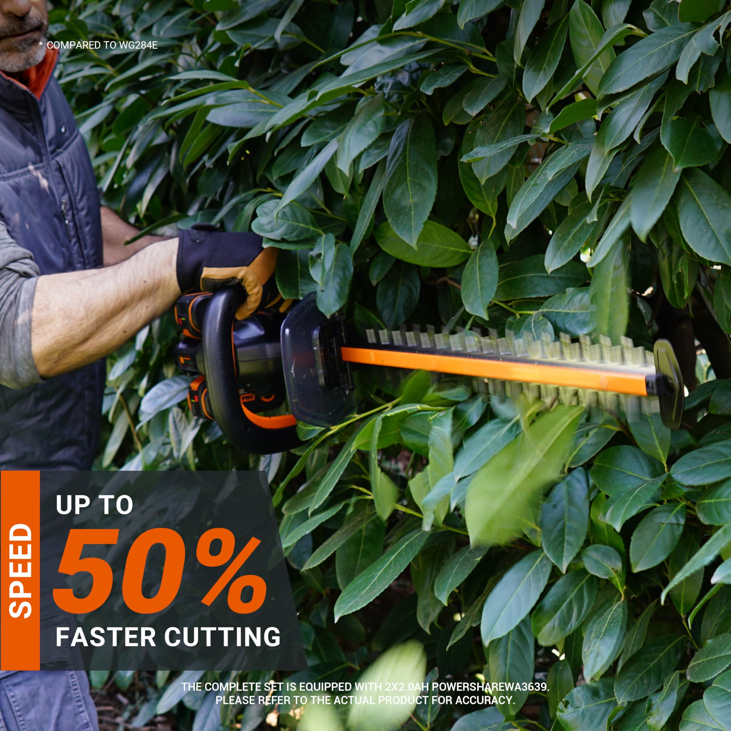 Worx WG286E - Cortasetos inalámbrico sin escobillas de 40 V y 61 cm, Cuchillas Cortadas con láser de Doble acción, Capacidad de Corte de 27 mm, Mango Giratorio de 180°, Incluye 2 baterías de 2.0 Ah y