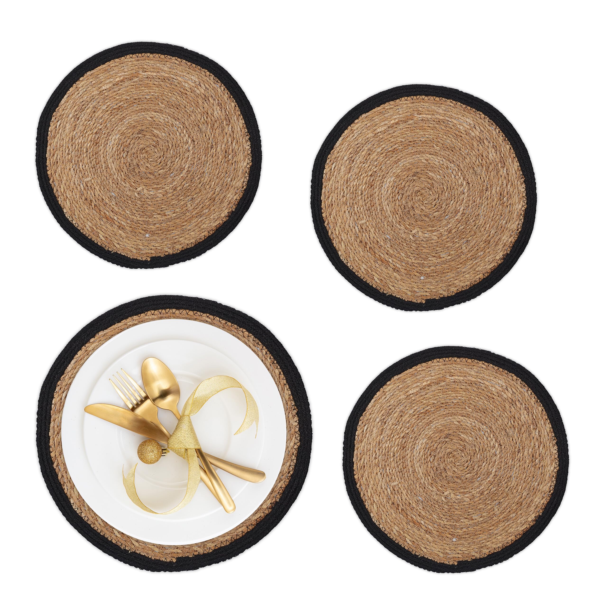 Relaxdays Tovagliette Sottopiatto in Giacinto d'Acqua, Set 4, Ø 37cm, Placemat Americane, Sottopentola, Naturale Nero