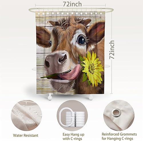 Miniatura 7 de Juego de cortinas de ducha de girasol de vaca, acuarela marrón, decoración moderna de baño, bonita y divertida de vaca de las tierras altas, cortina