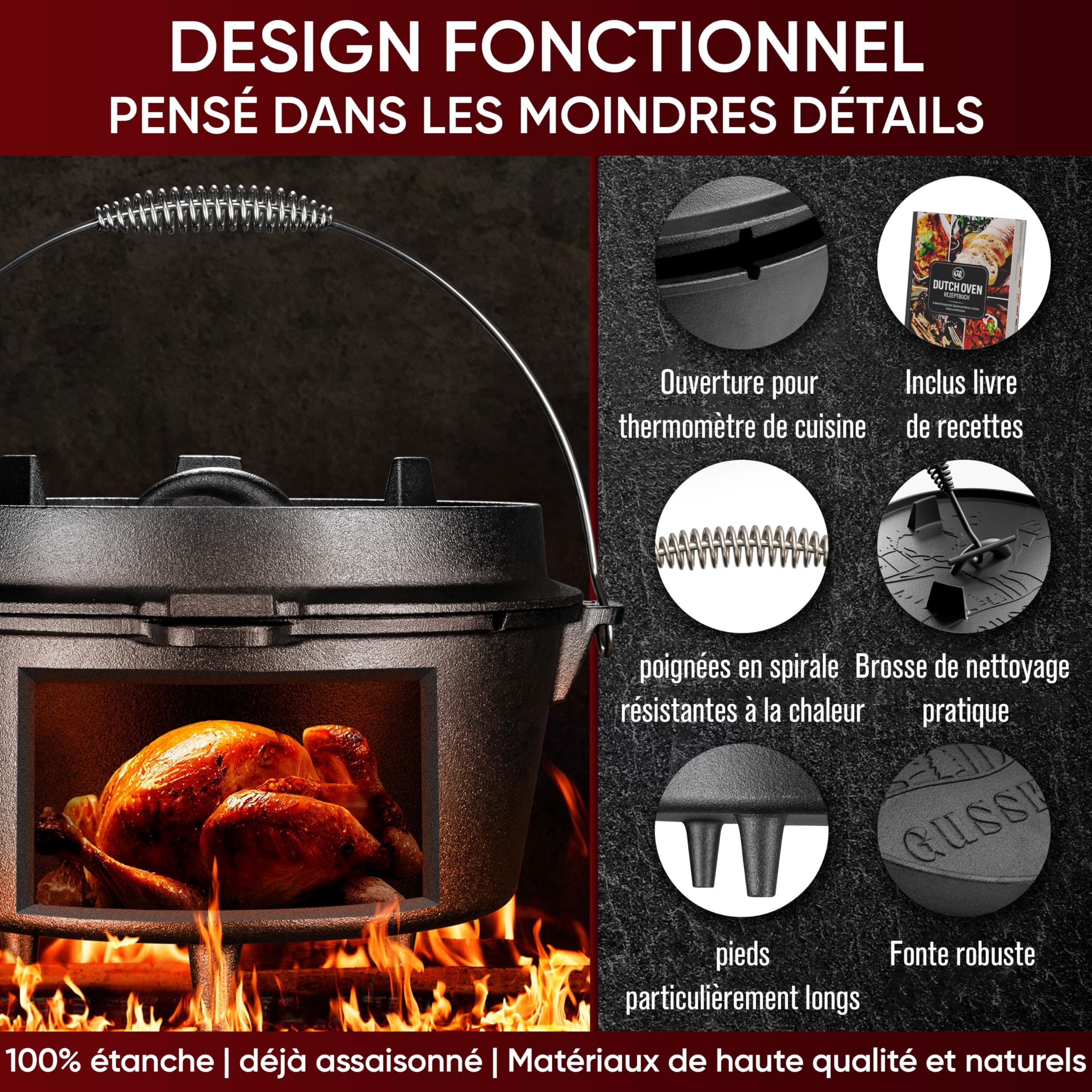 GUSSKÖNIG Ensemble Dutch Oven [12L] - Cocotte en fonte déjà assaisonnée avec levier de couvercle pratique et pieds