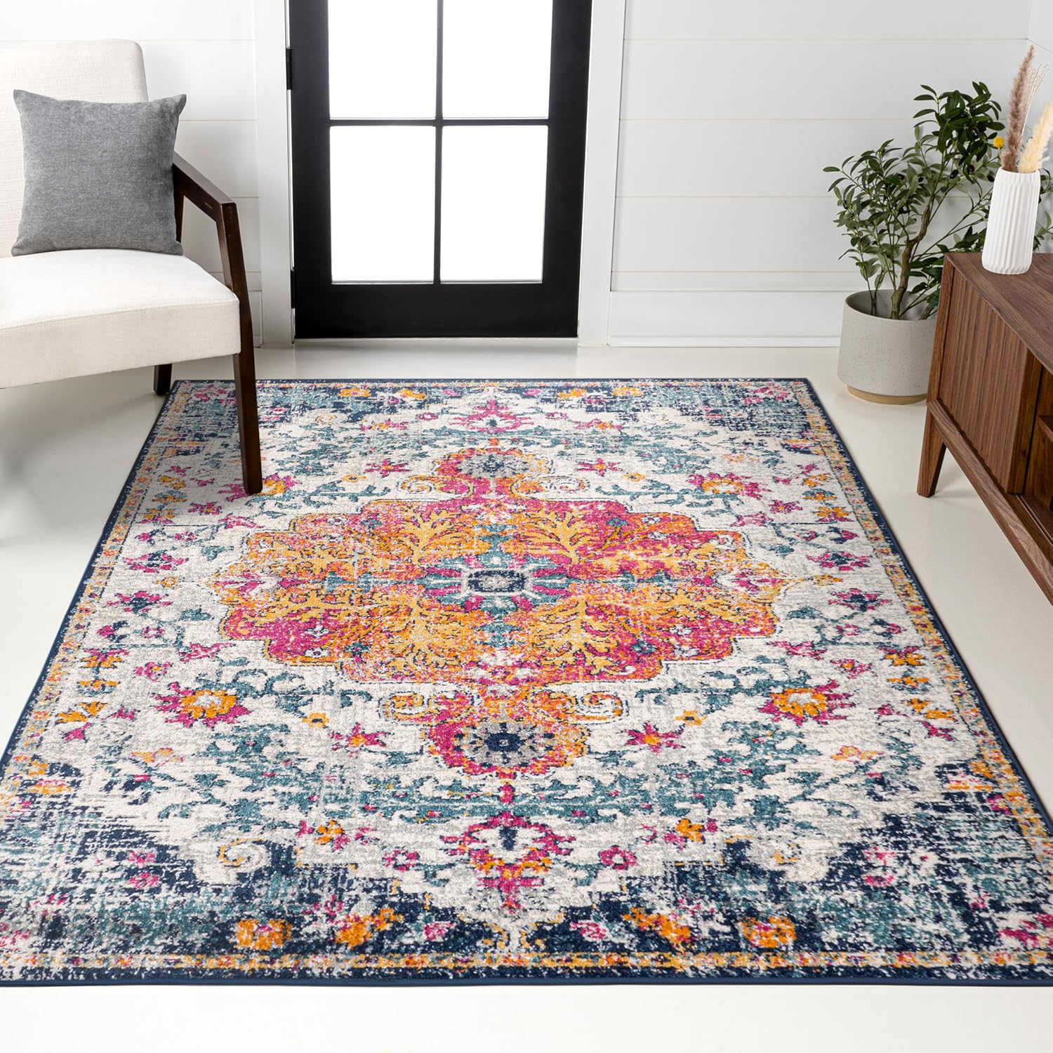 JONATHAN Y Boho Medallion Orange/Fuchsia/Blue/Cream Indoor Area Rug, 4x6, Anaise Ornate, Farmhouse, Easy-Cleaning for Living Room, Bedroom, Kitchen, Pet Friendly, Non-Shedding (BMF112B-4)