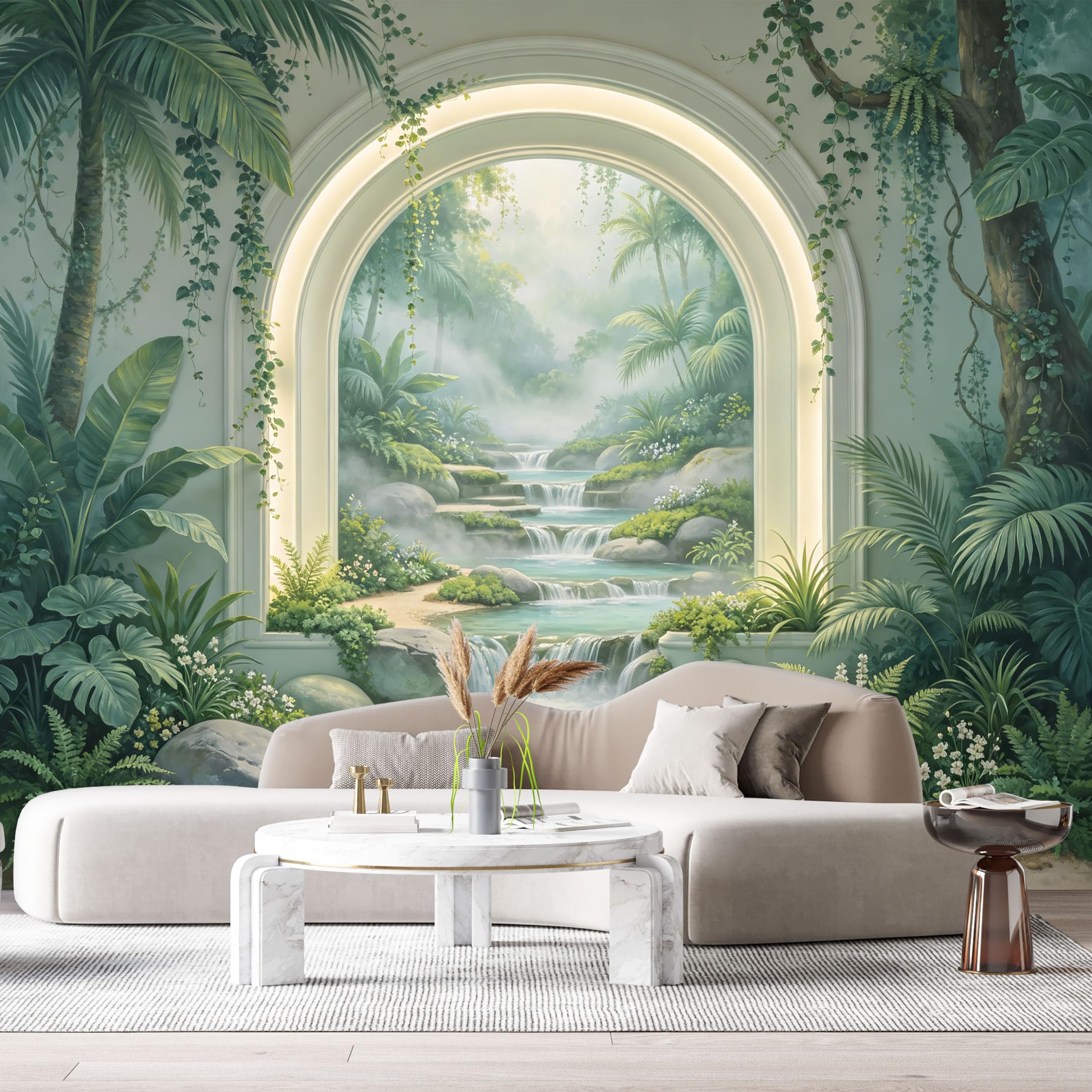 Custom Size Wall Murals Tropical Jungle Waterfall Archway 3D Trompe L'Oeil SelfAdhesiveWall Fabric Removable Wallpaper Wall Decor for Living Room Bedroom Bathroom