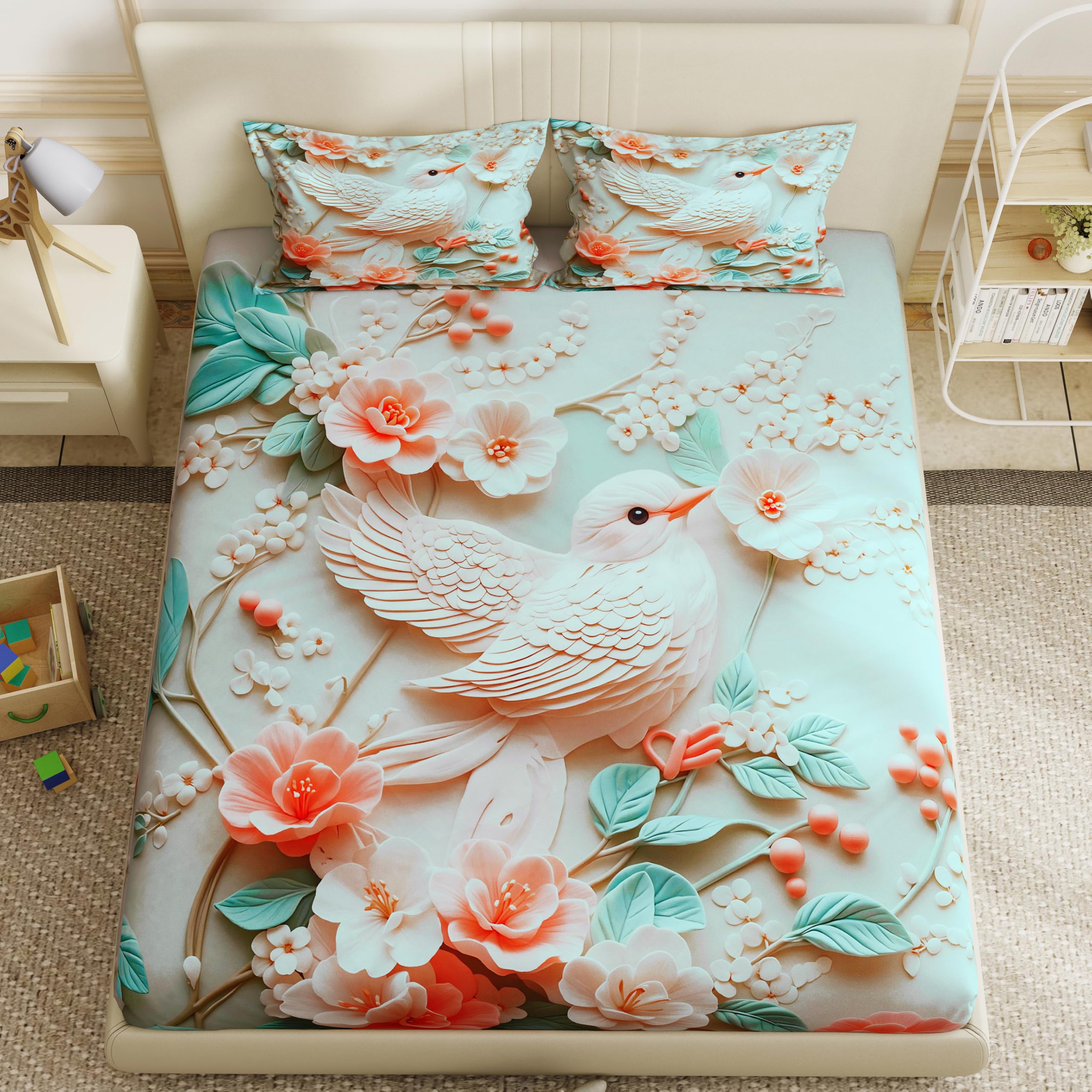 Story@Home Cute Birds 7D bedsheet for Double Bed 300TC Premium Cotton Feel Microfiber with 2 King Size Pillow Cover | 225 cm x 250 CM | Blue Birds Kids bedsheet for Boys-image-12