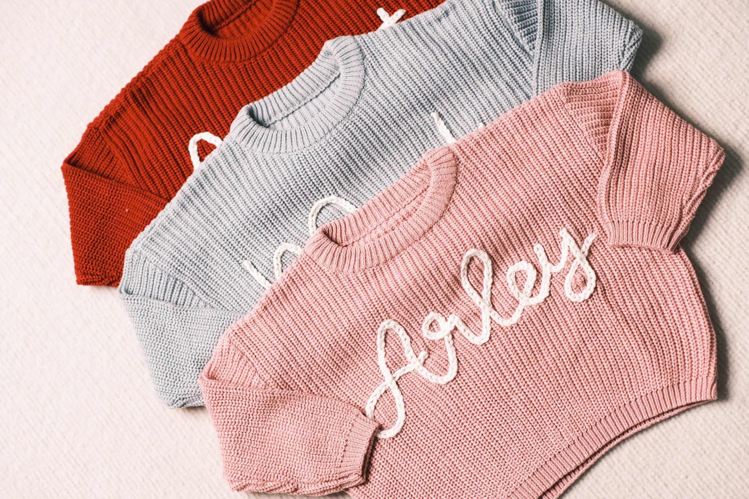 Personalisierter Baby Strickpullover mit gesticktem Namen, Kleinkinder Crewneck Langarm Pullover Sweatshirt