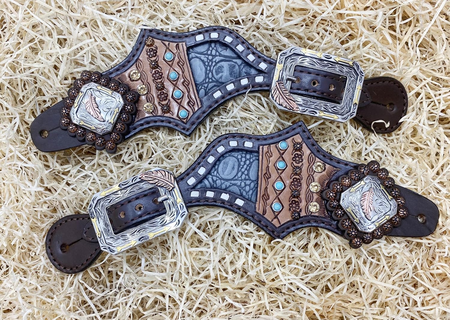 Western Women's Spur Strap Set with Alligator and Engraved Leather, Turquoise Rhinestones, Buck Stitching